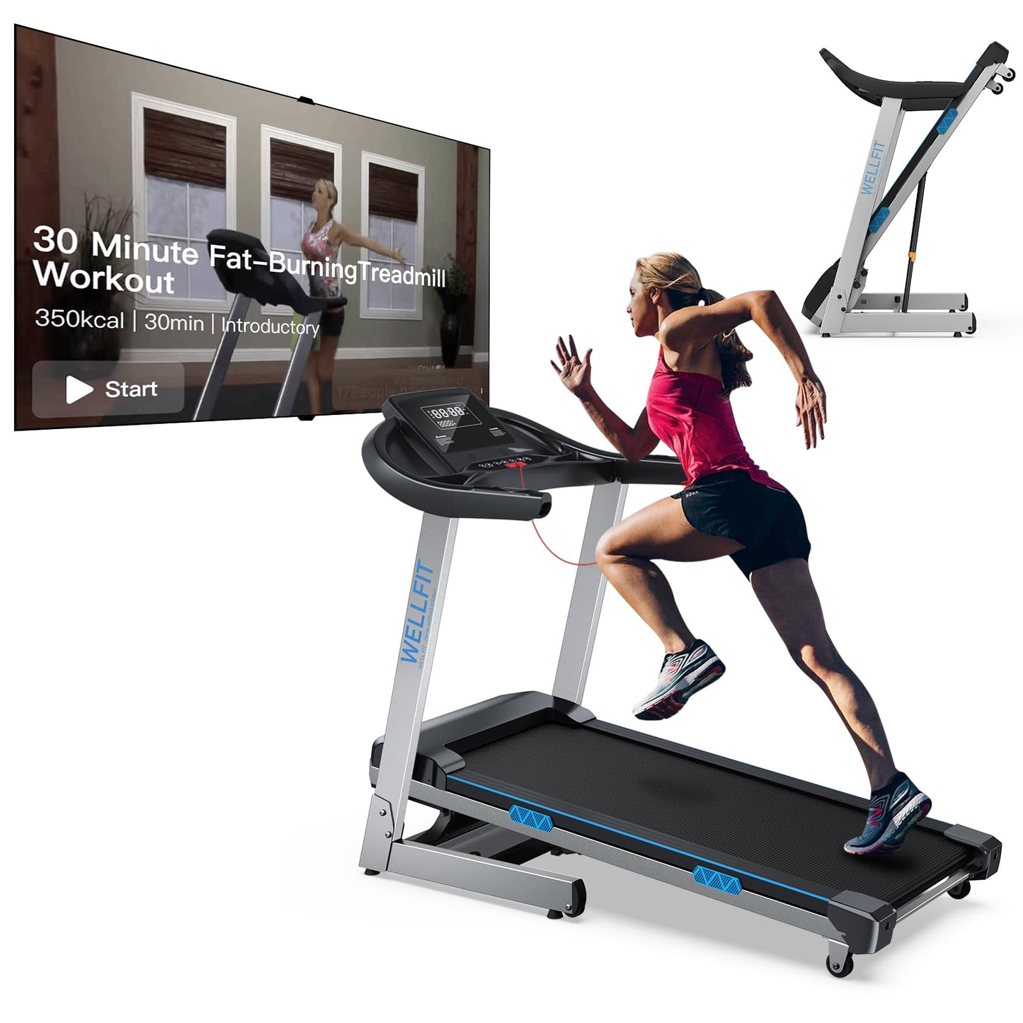 WELLFIT Automatic Incline Treadmills, Heavyduty Treadmill for Home 400LBS Capacity, Foldable Treadmill for Small Space, 18*43" Running Area, 4.0HP, 8.7MPH, HR Monitor, 95% Pre-installed, Easy Storage