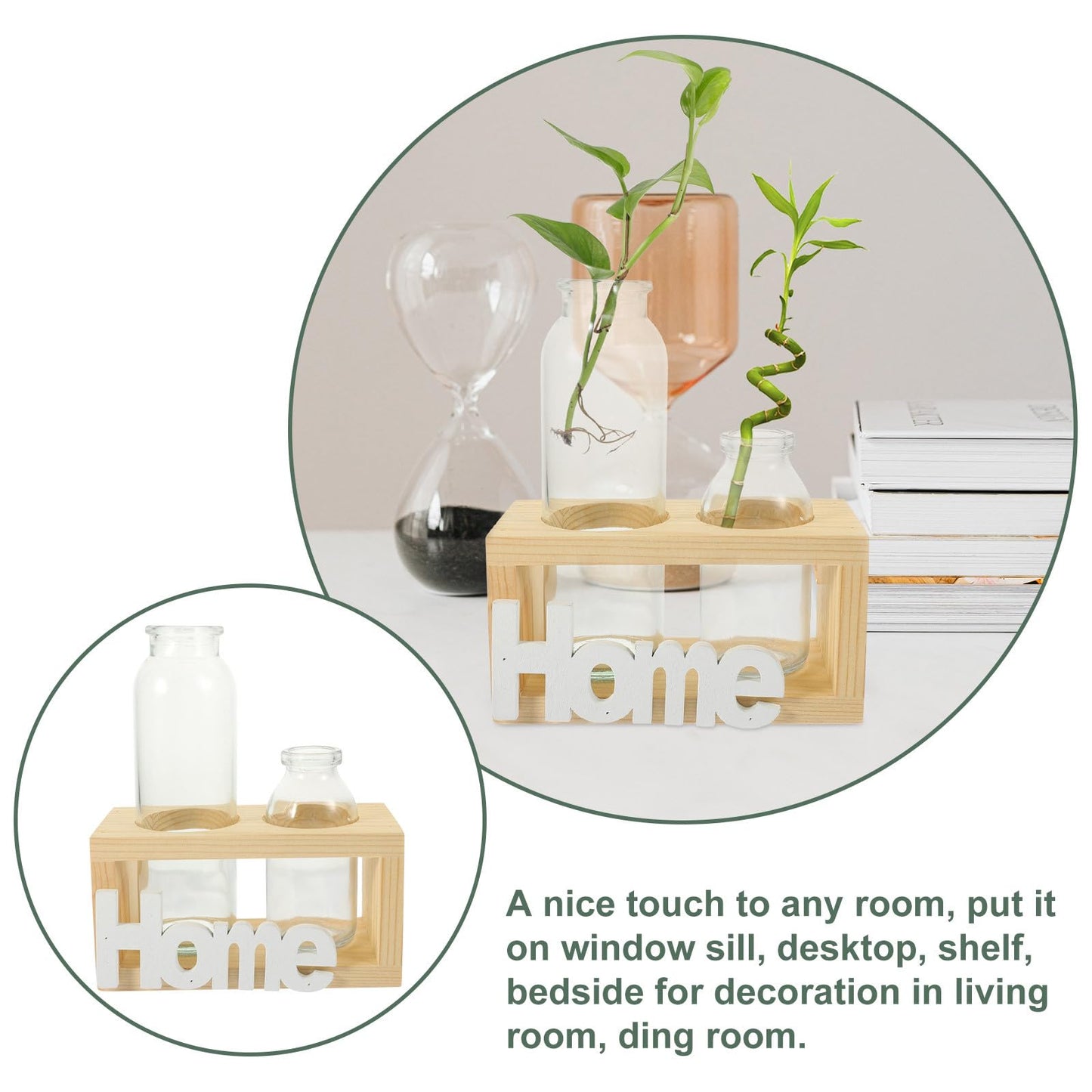 Operitacx Nordic Style Hydroponic Glass Vase with Wooden Rack, 2pcs Tabletop Plant Propagation Station for Indoor Air Plants and Terrarium Décor