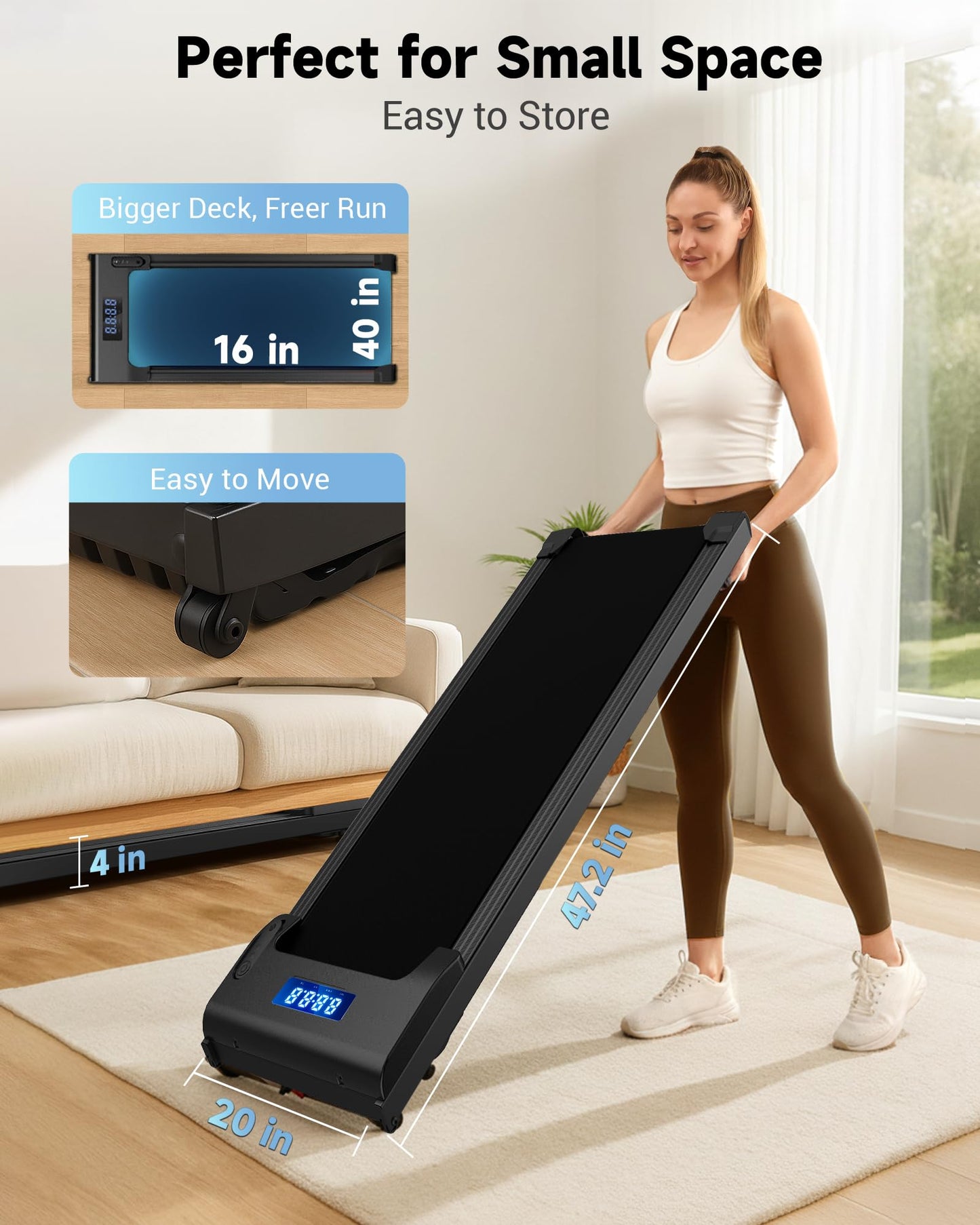 NeoSilent Walking Pad Under Desk Treadmill for Home & Office with BLDC Core and Extra-Large Belt, App Control, Portable and Compact for Small Space Phantom Black