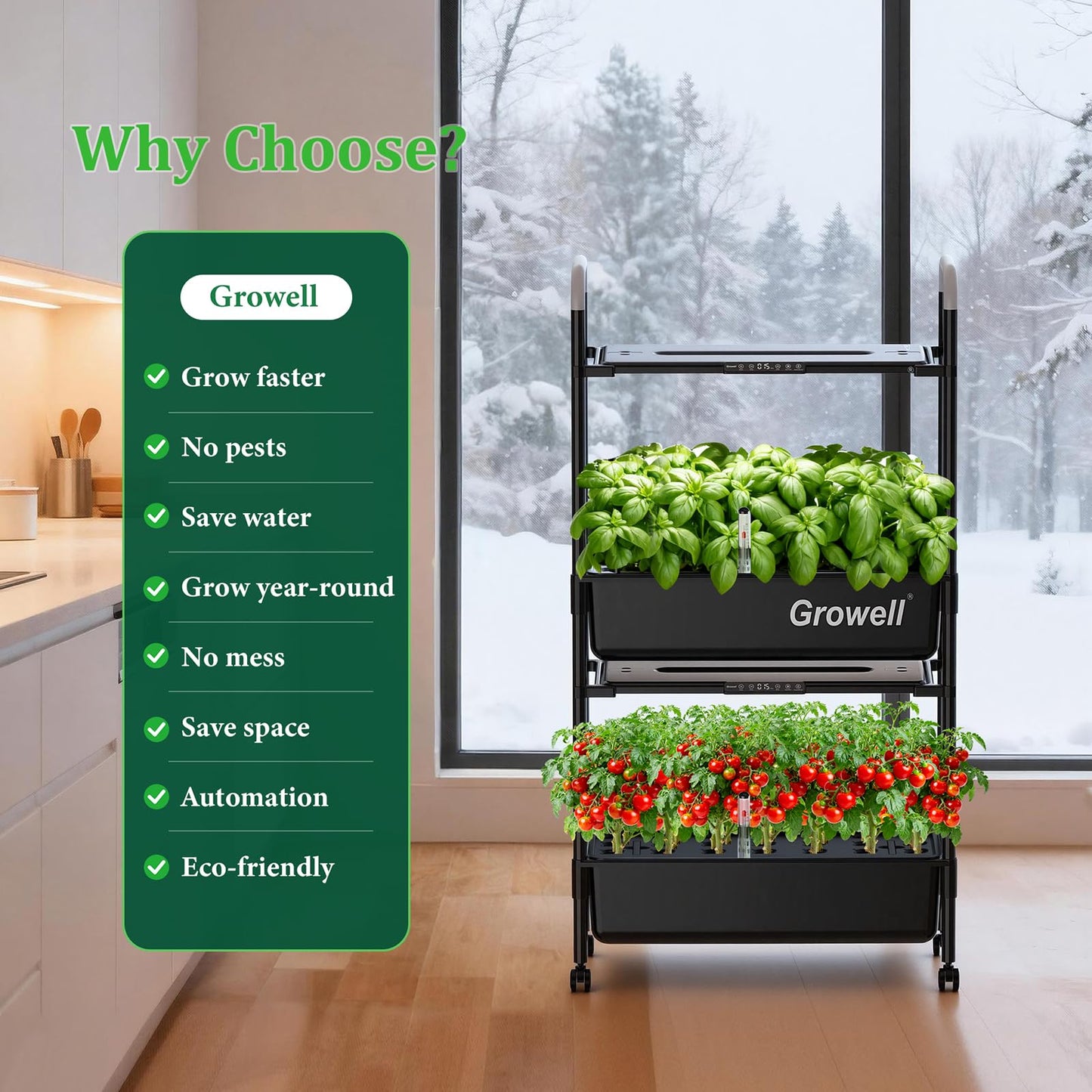 Growell Hydroponics Growing System Kit, 54 Pods Vertical Indoor Herb Garden with Smart LED Grow Light, Auto Circulating Water Pump Each Tier, 28L Hydroponic Gardening Systems for Ideal Gifts (Black)