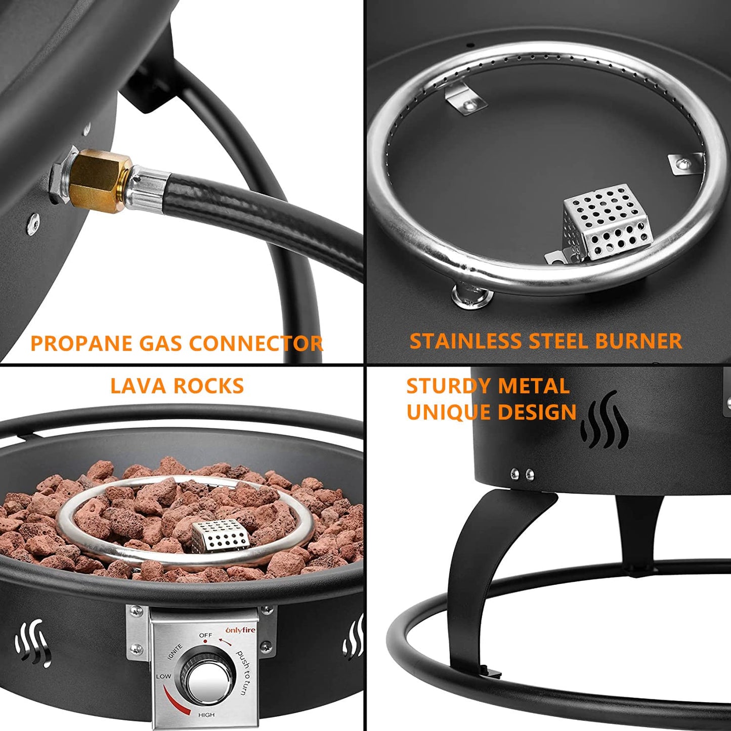 ONLYFIRE OUTDOOR LIVING Propane Gas Fire Pit 22¡±, Portable Smokeless Fireplace with 12Ft Hose & Lava Rocks, FirePit for Patio Backyard Bonfire Camping RV Tailgating Beach Party, 55000BTU, #FP001