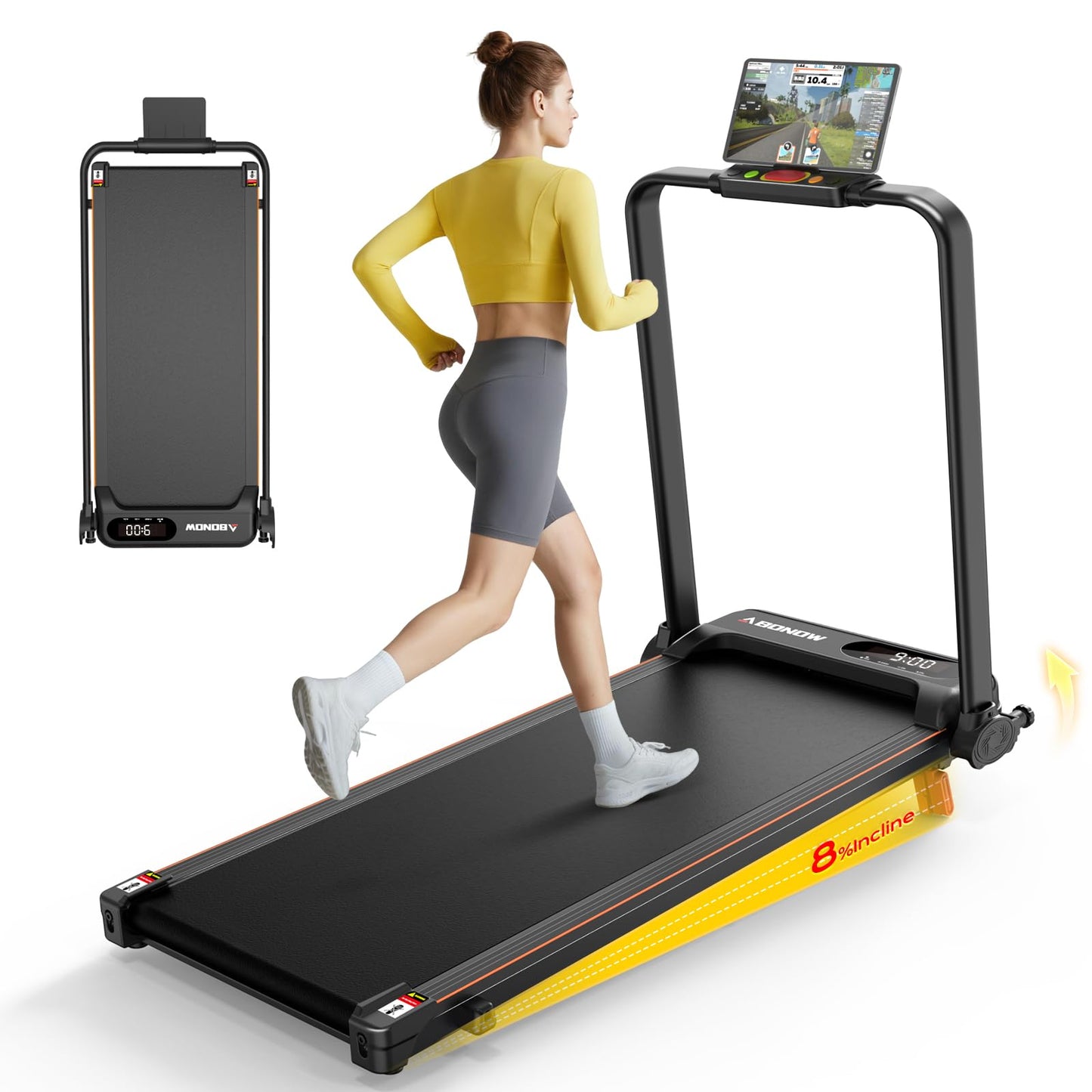 Portable Walking Pad with Handle Bar for Home & Office, 2 in 1 Folding Under Desk Treadmill with 8% Incline, 3.0HP Small Foldable Compact Treadmills Walking, 0-6.0MPH Electric Walking Machine, 265 LBS