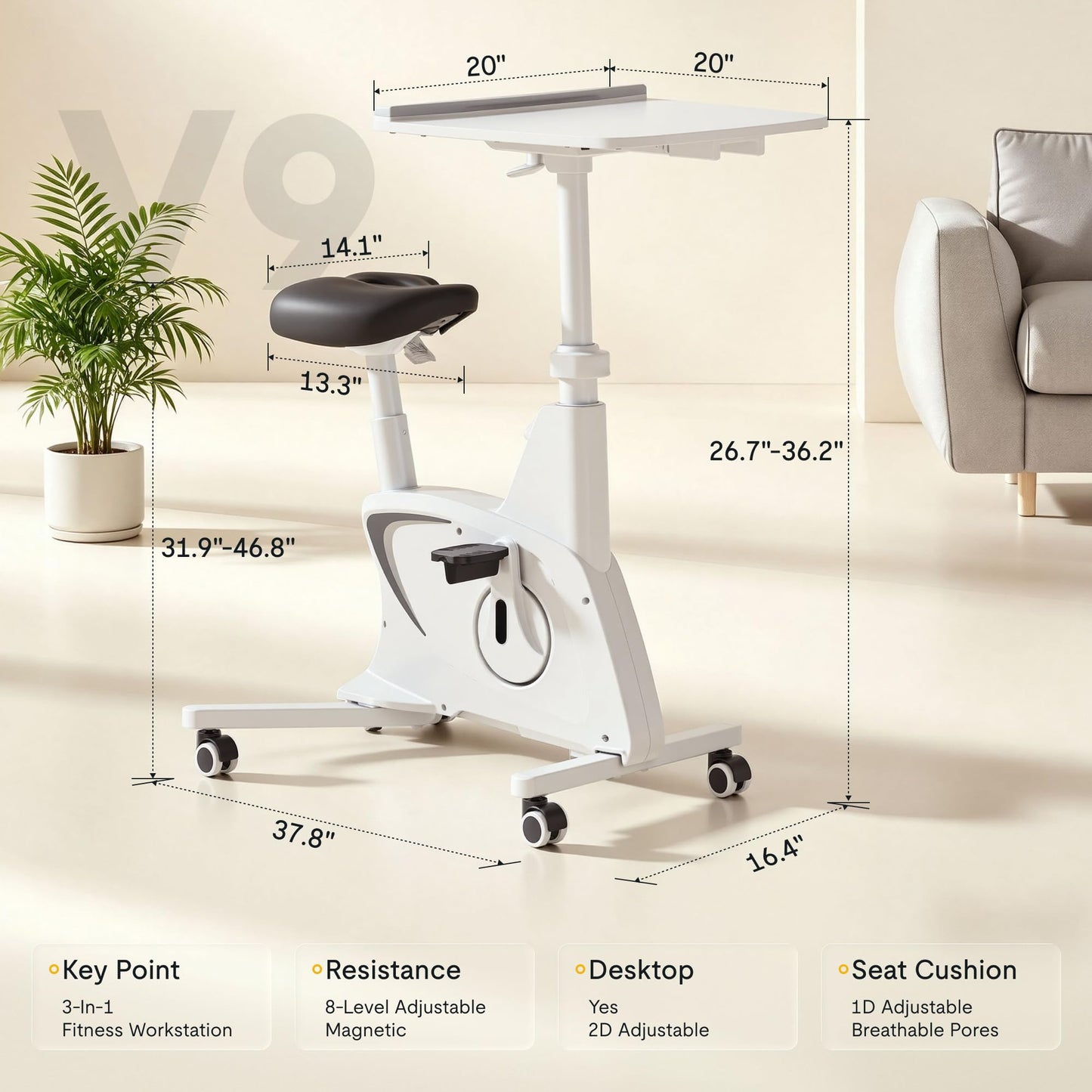 FLEXISPOT Exercise Bike with 2D Desktop, Space Saving Under Desk Bike with Removable Desk, Stationary Bikes Upright Indoor Bikes with 8 Level Magnetic Resistance Upgraded Pro Flywheel, V9 White