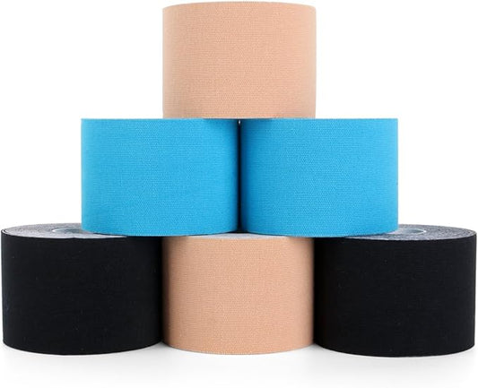 Kinesiology Tape 6 Rolls, Waterproof Kinetic Tape Muscle Tape for Injured Muscle Recovery & Joints Support, 2 Inch x 16.4 Feet Roll (Beige, Black, Blue)