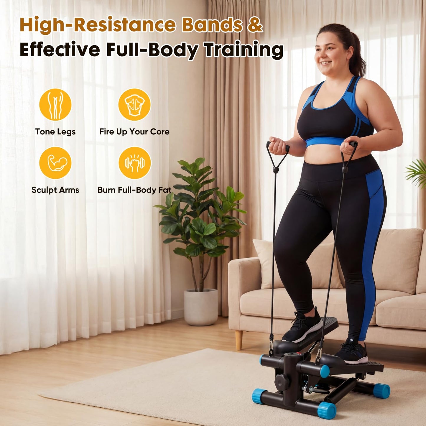 Aidoly Stair Stepper with Resistance Bands for Home Exercise, Mini Stepper Machine for Indoor Fitness, Portable Home Gym Stepper for Full Body Workout, 300LBS Capacity, Black and Blue