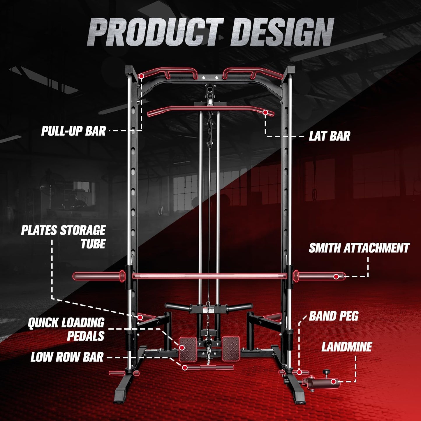 RitFit Smith Machine Power Rack with LAT-Pull Down System, Landmine, Barbell Bar, Plate Storage Pegs and More Training Attachment, 1000 LBS Multifunction Squat Rack for Home Gym, Upgraded 2.0 with Bar