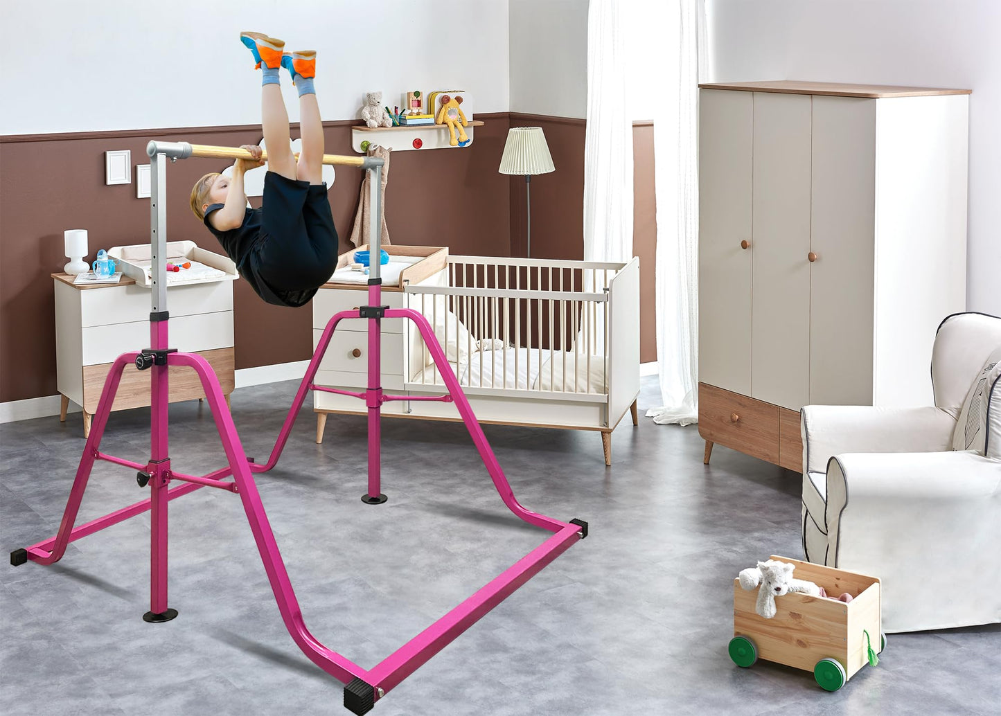 kechery Foldable & Moveable Gymnastics Horizontal Bar with Rings,3’to 5’Adjustable Height Expandable Junior Kip Bar for Home,Indoor Gym Equipment for Kids(Foldable Pink with Rings)