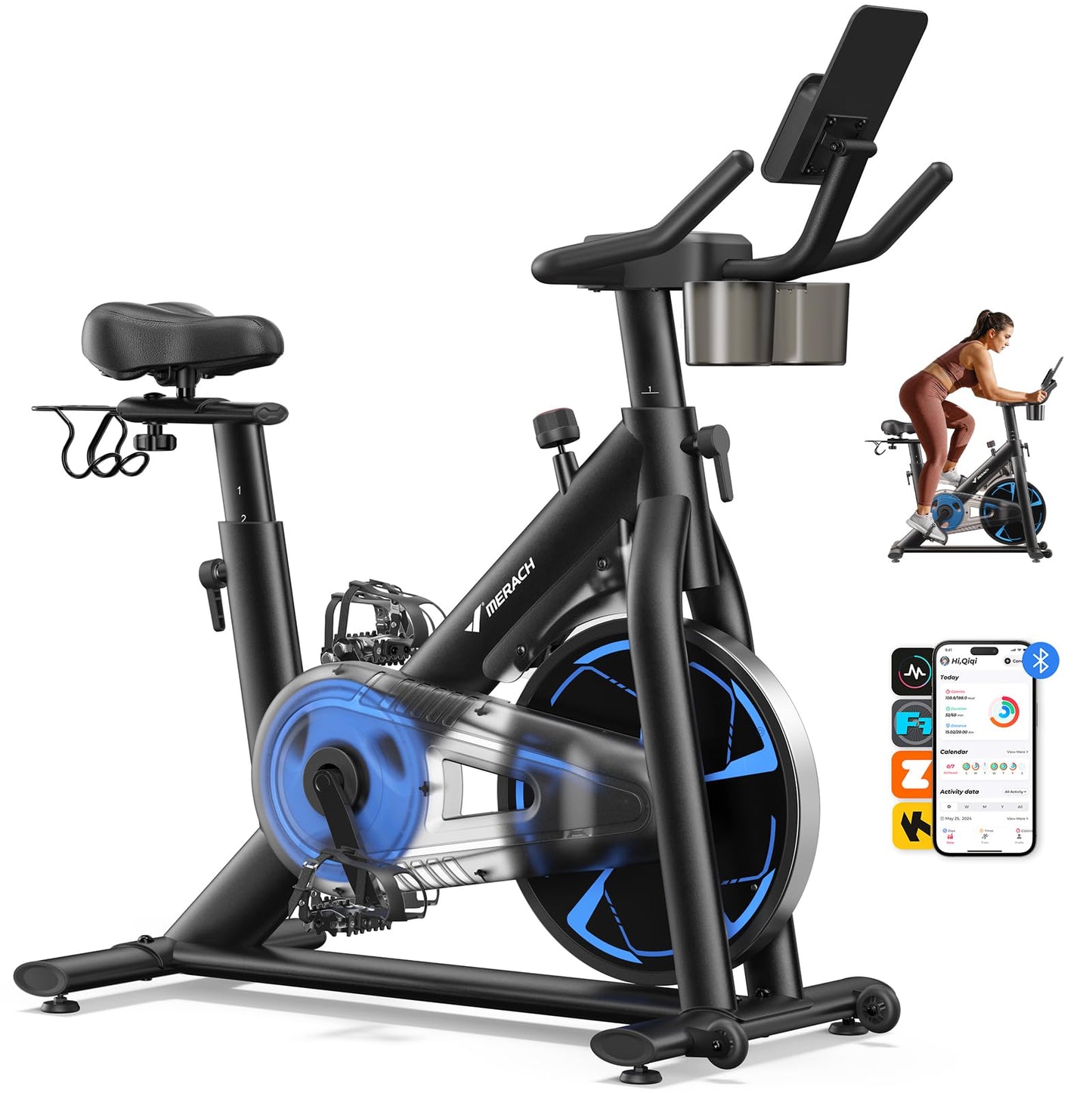 Merach Magnetic Exercise Bike, Low Noise Stationary Bike for Home with Comfortable Seat Cushion, Spinning Bike with 330 lb Weight Capacity, Exclusive App, Tablet Mount and Fitness Courses