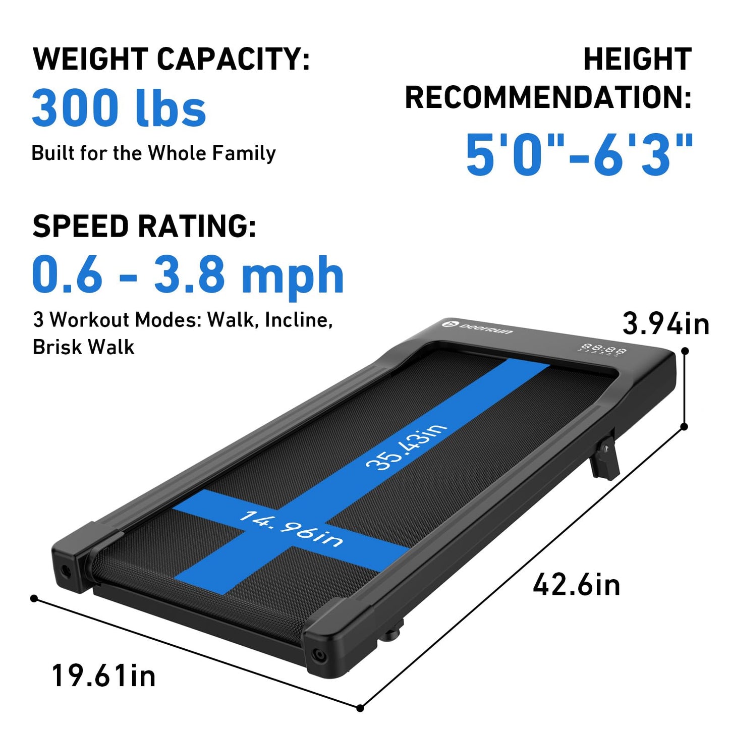 DeerRun 6% Incline Walking Pad, 2.5HP Quiet Under Desk Treadmill with 300lbs Capacity, 3.8MPH, App & Remote Control, Walking Pad Treadmills for Home Office & Small Spaces