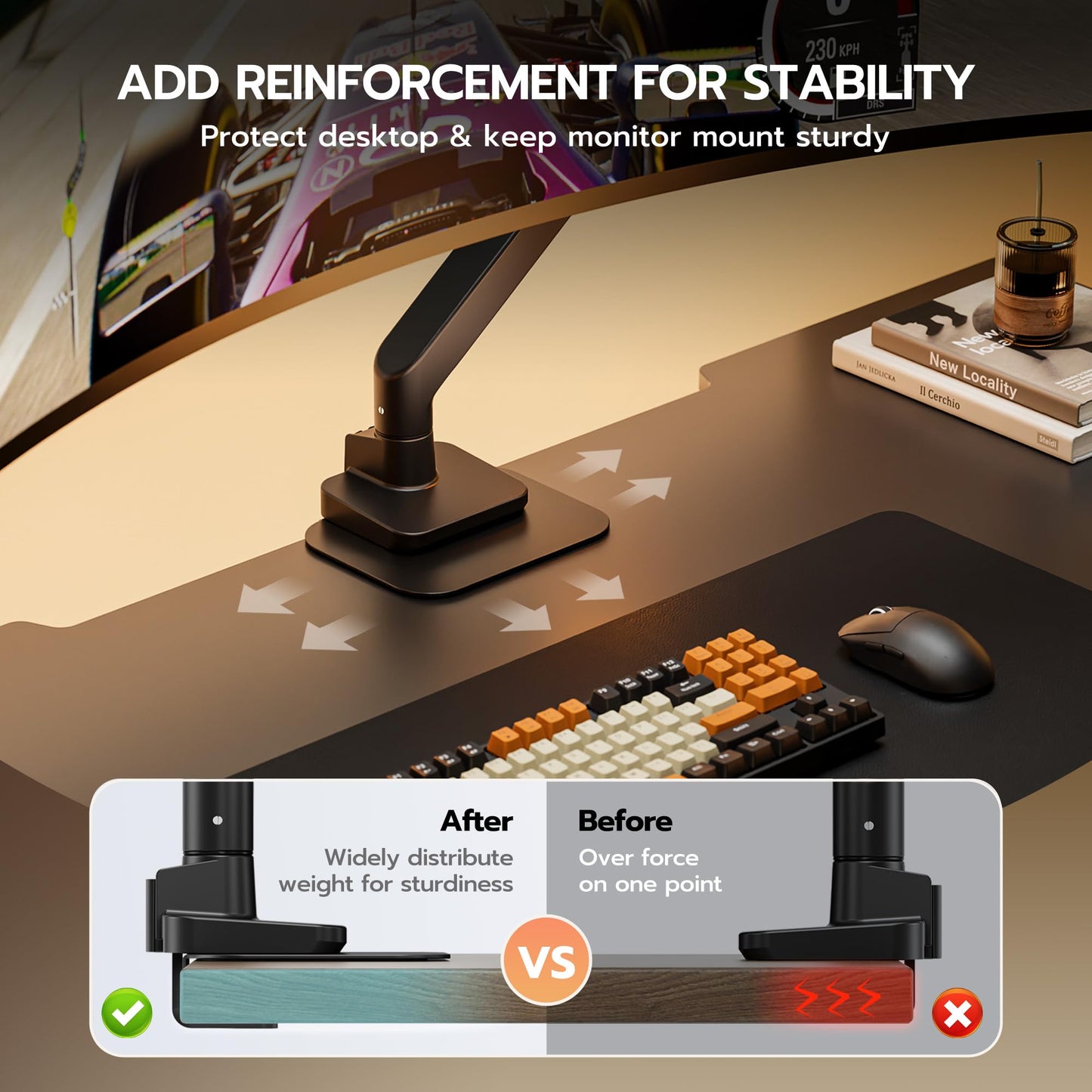 ARES WING Steel Monitor Mount Reinforcement Plate for Thin, Glass and Other Fragile Tabletop, Steel Monitor Stand Plate Compatible with Most C-Clamp and Grommet Monitor Arms, Black