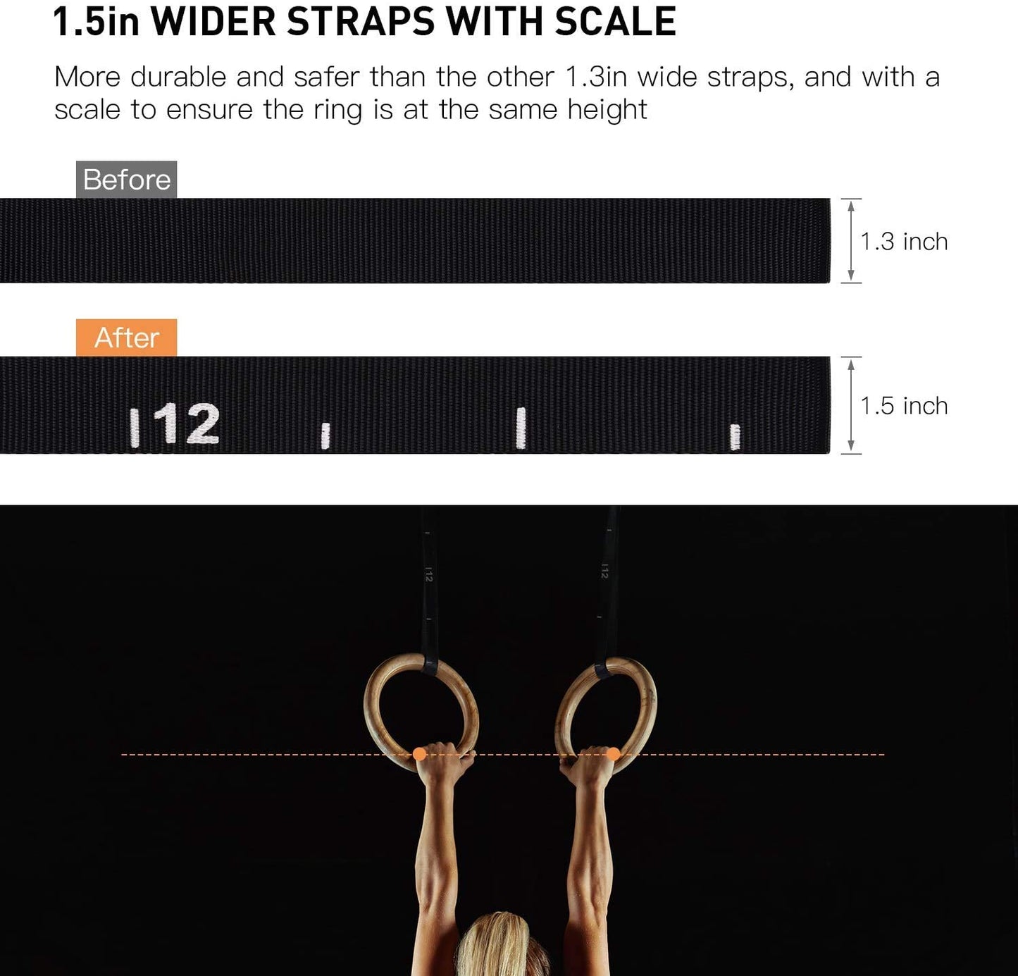PACEARTH Gymnastics Rings Wooden Olympic Rings 1500/1000lbs with Adjustable Cam Buckle 14.76ft/9ft Long Straps with Scale Non-Slip Gym Rings for Home Gym Full Body Workout
