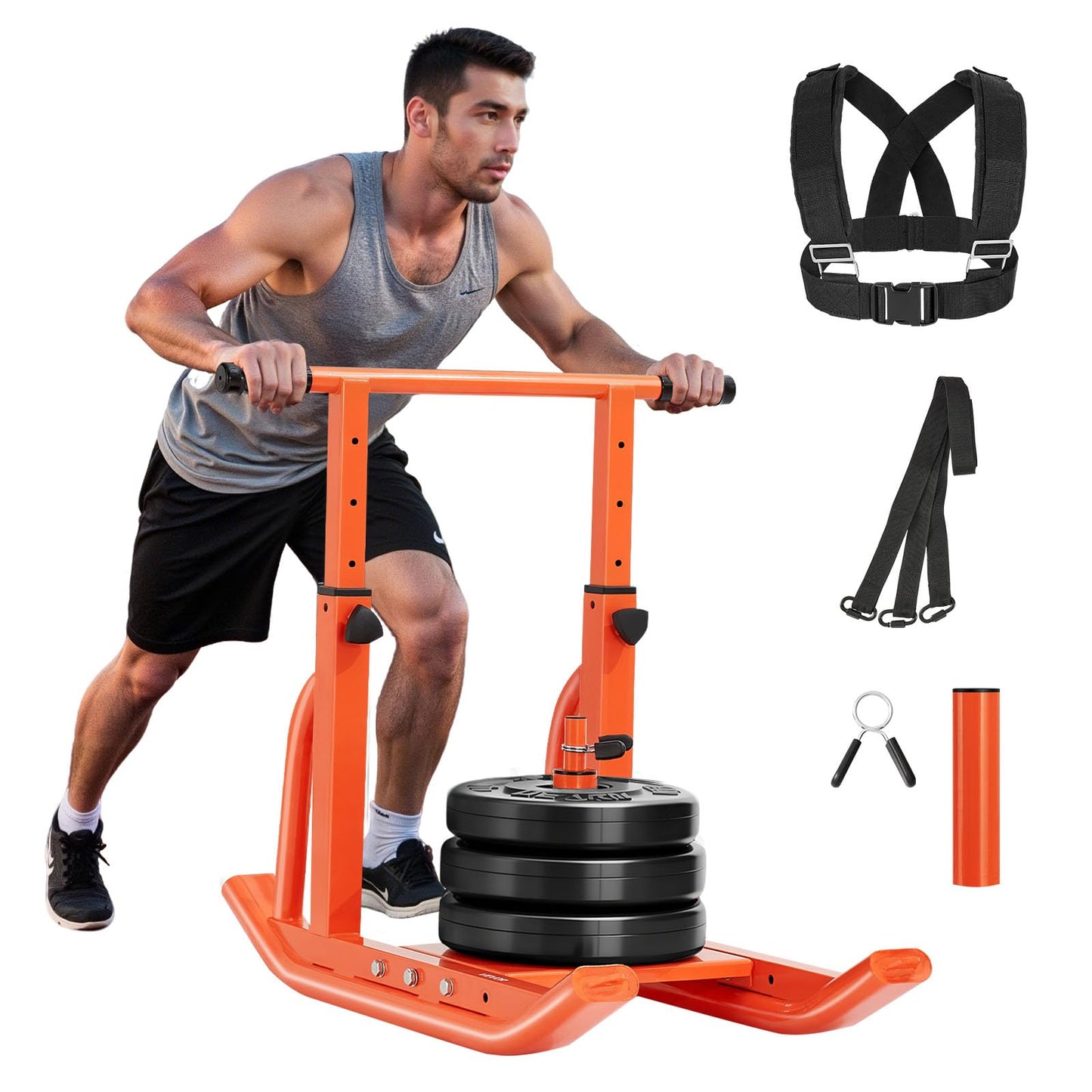 VEVOR Weight Sled, Fitness Training Pull Push Running Sled, Fitness Workout Sled Push Gym Equipment, Adjustable Height Handle, Compatible 1/2 in Weight Plates, Orange, Football Sleds and Chutes