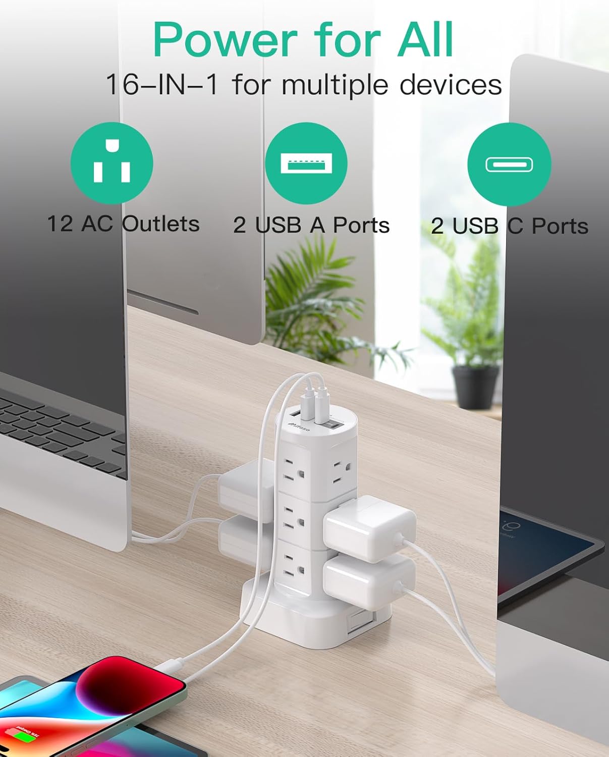 Mifaso 12 4 1875W/15A 1080J 6Ft Power Strips with Surge Protection, Flat Plug Power Strip with Outlets USB Ports