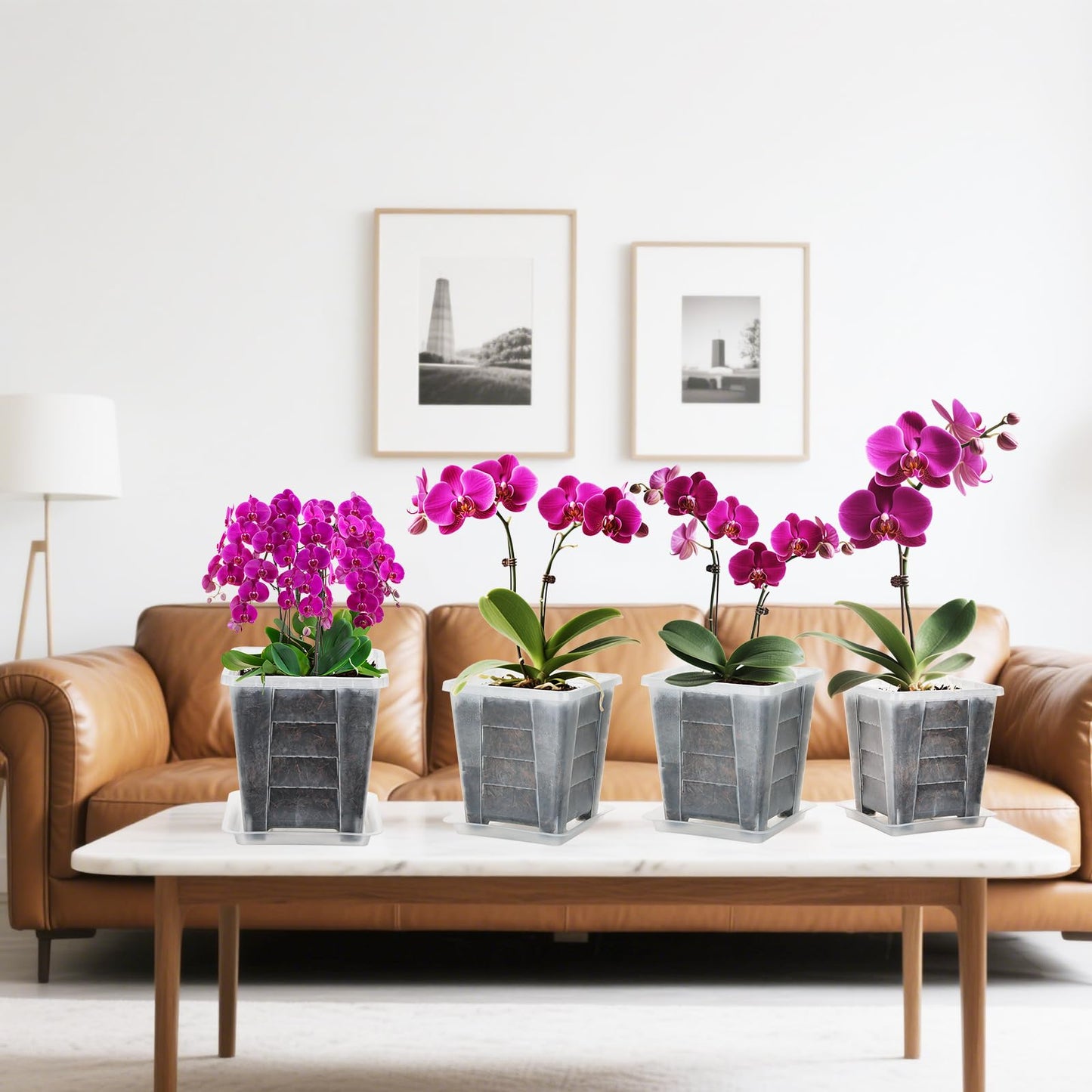 KIMERSE Square Orchid Pot, Clear Flower Pot 6 Pack 4 Inch, Root Control Planting Pots with Tray, Plastic Plant Pot for Home Balcony Orchids, Water Moss, Spider Plants
