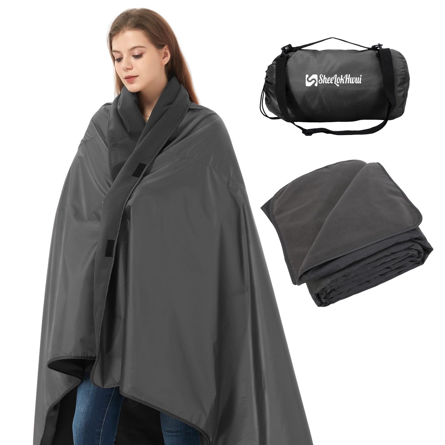 sheelokhwui 4-in-1 Large Camping Blankets - Waterproof, Windproof Fleece Outdoor Blankets for Stadium, Sports, Car, Concert - 81"x57", Portable (Dark Gray)