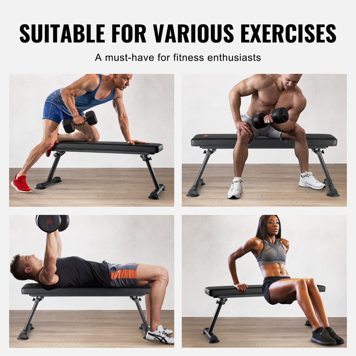 VEVOR Flat Weight Bench, Foldable Strength Training Bench, Utility Workout Bench for Full Body Workout, 1000 LBS Press Bench for Home Gym Exercise, for Multi-Purpose Weight Training and Ab Exercises