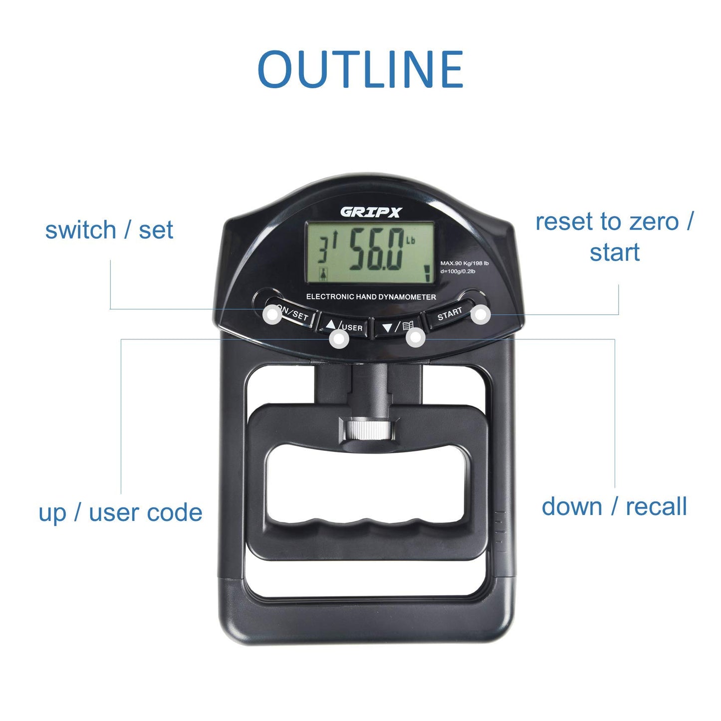 GRIPX Digital Hand Dynamometer Grip Strength Measurement Meter Auto Capturing Electronic Hand Grip Power 198Lbs / 90Kgs, Black