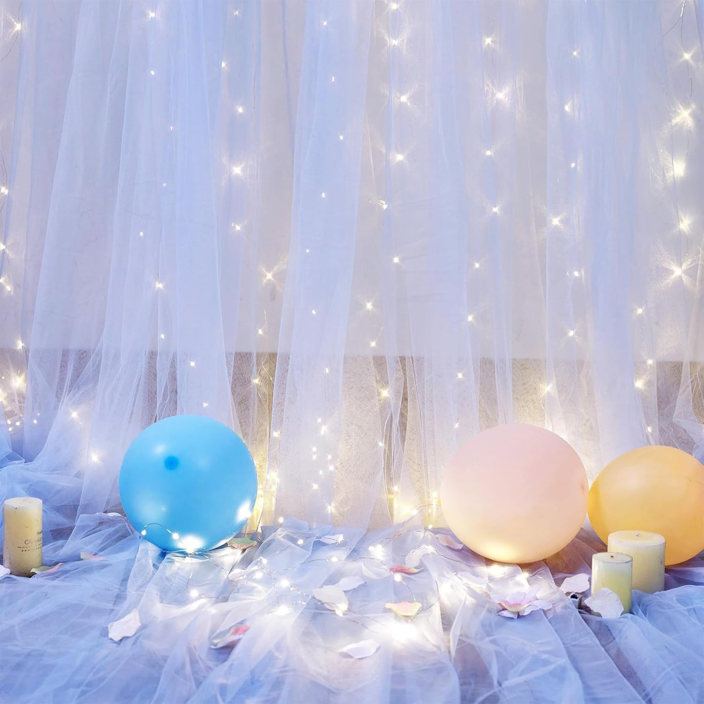 Suppromo 10ft 10ft x Baby Blue Tulle Photo Backdrop Curtain with Lights String for Parties Wedding Sheer Blue Curtain
