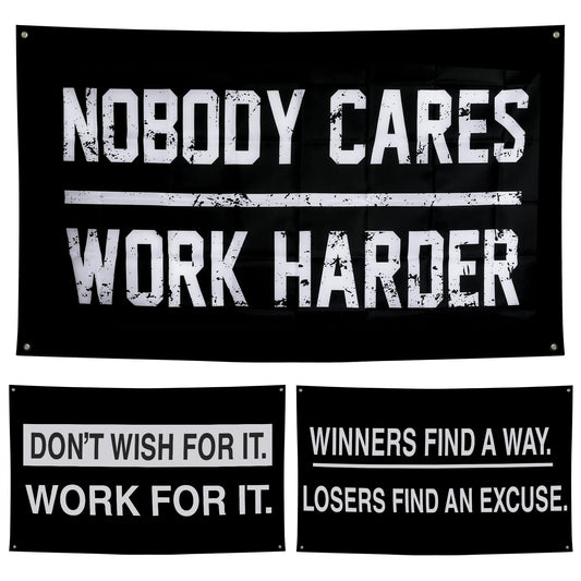 Nobody Cares Work Harder Motivational Banners Kit Three Different Incentive Flags for Gym Office Garage Decor Indoor/Outdoor Poster Style Banner with 4 Grommets - Heavy-Duty 13oz Vinyl(3 x 5 FT)