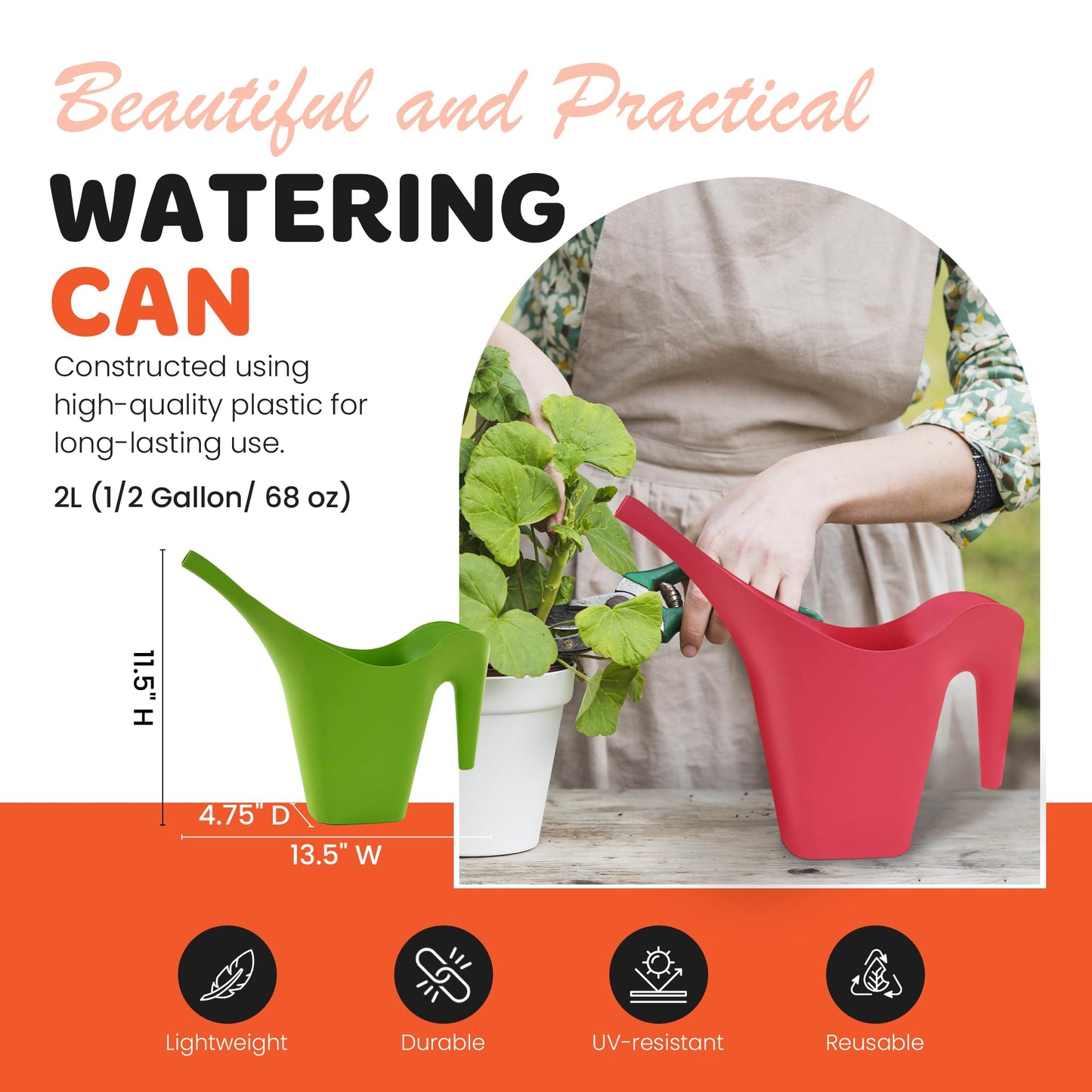 Mintra 1/2 Gallon Plant Watering Can, Long Spout Plastic Water Pitcher for Indoor & Outdoor Use, Durable & Lightweight Water Can for Watering Flowers & Potted Plants, 1 Pack, 2L/68 oz – Forest Green