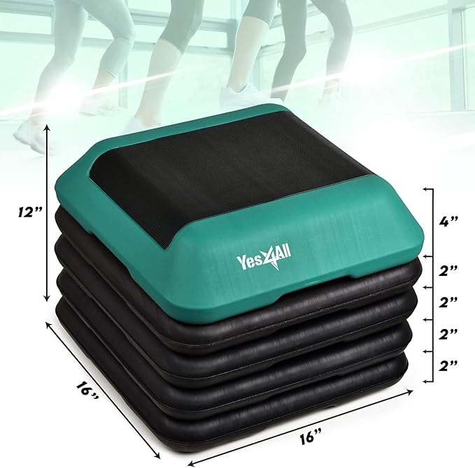 Yes4All 16"x16" Adjustable High Step Aerobic Platform with 4 Risers, Height-Adjustable 4"-6''-8''-10''-12" Step Aerobics Platform for Home Gym Exercise Fitness Workout
