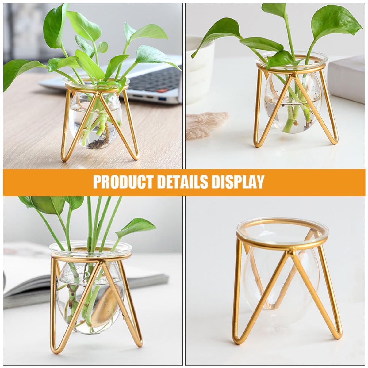 SEWACC Glass Vase with Metal Stand for Hydroponic Plants, Small Gold Bulb Planter Terrarium, Propagation Vase Holder for Home Desk Décor and Green Plant Display