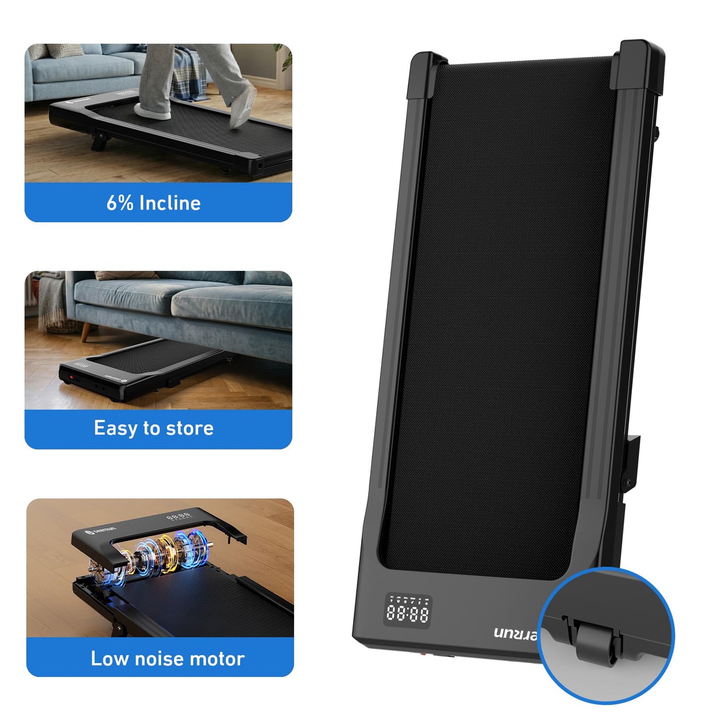 DeerRun 6% Incline Walking Pad, 2.5HP Quiet Under Desk Treadmill with 300lbs Capacity, 3.8MPH, App & Remote Control, Walking Pad Treadmills for Home Office & Small Spaces