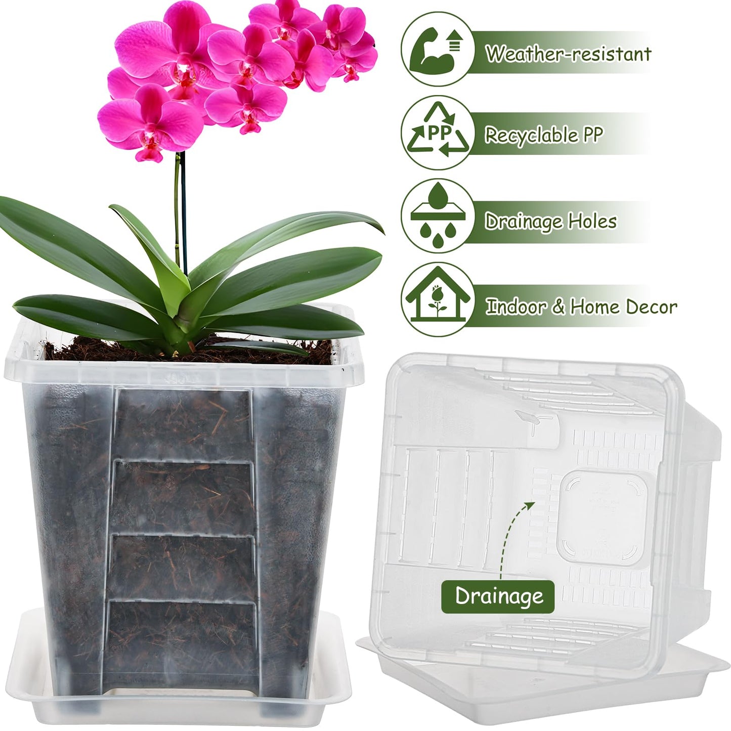 KIMERSE Square Orchid Pot, Clear Flower Pot 6 Pack 7.5 Inch, Root Control Planting Pots with Tray, Plastic Plant Pot for Home Balcony Orchids, Water Moss, Spider Plants
