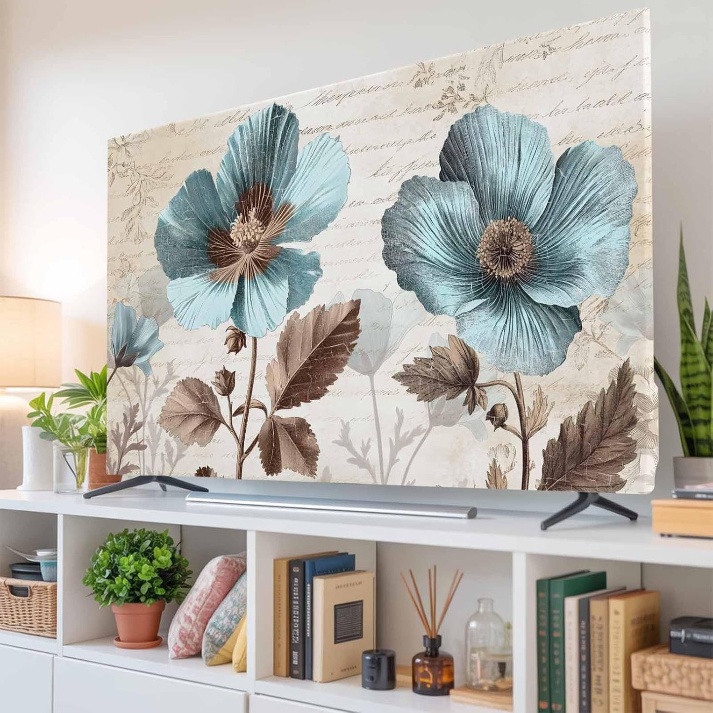 Yukro 65 Inch, 57"x32" Rustic Blue Indoor TV Dust Cover, Broccoli Flower Leaf Farmhouse Vintage Brown Elastic TV