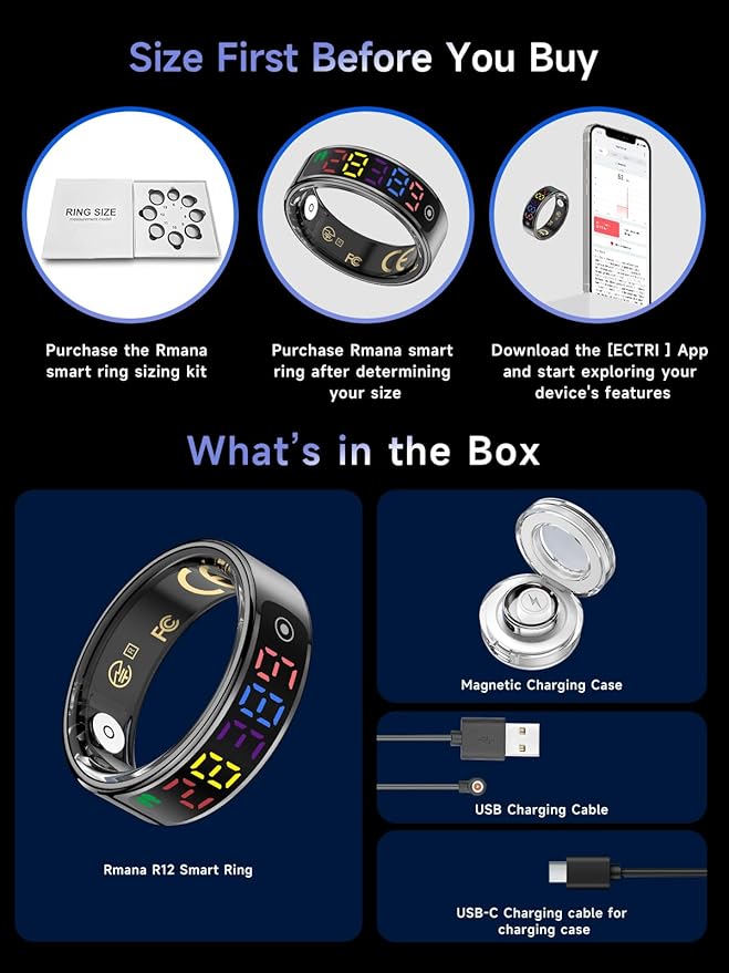 Smart Ring for Women Men, Health Ring with Colorful Display, Fitness Tracker with Heart Rate, Blood Oxygen, Sleep Monitor, No Subscription Fee, 5ATM Waterproof for iPhone & Android (Silver, 10)