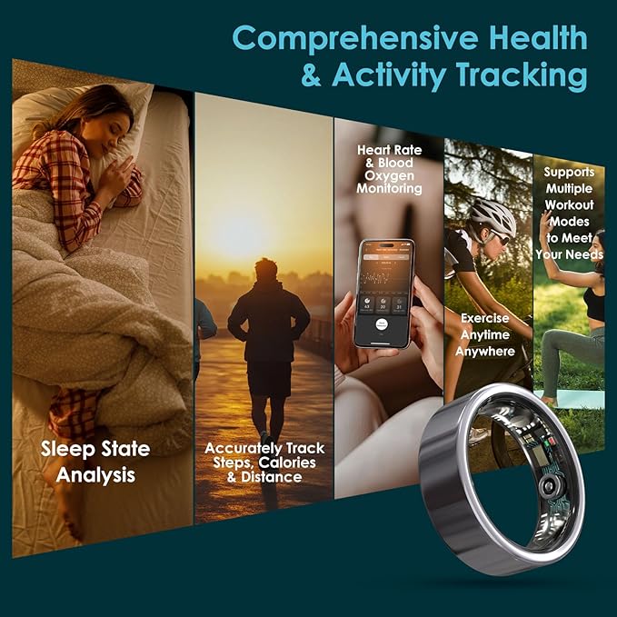 Smart Ring Health Monitoring 5ATM Waterproof Fitness Tracker with Glossy Titanium Surface Blood Oxygen/Sleep/Stress Tracking Women?™s Cycle Prediction Sport Ring Compatible with iOS/Android Black 12