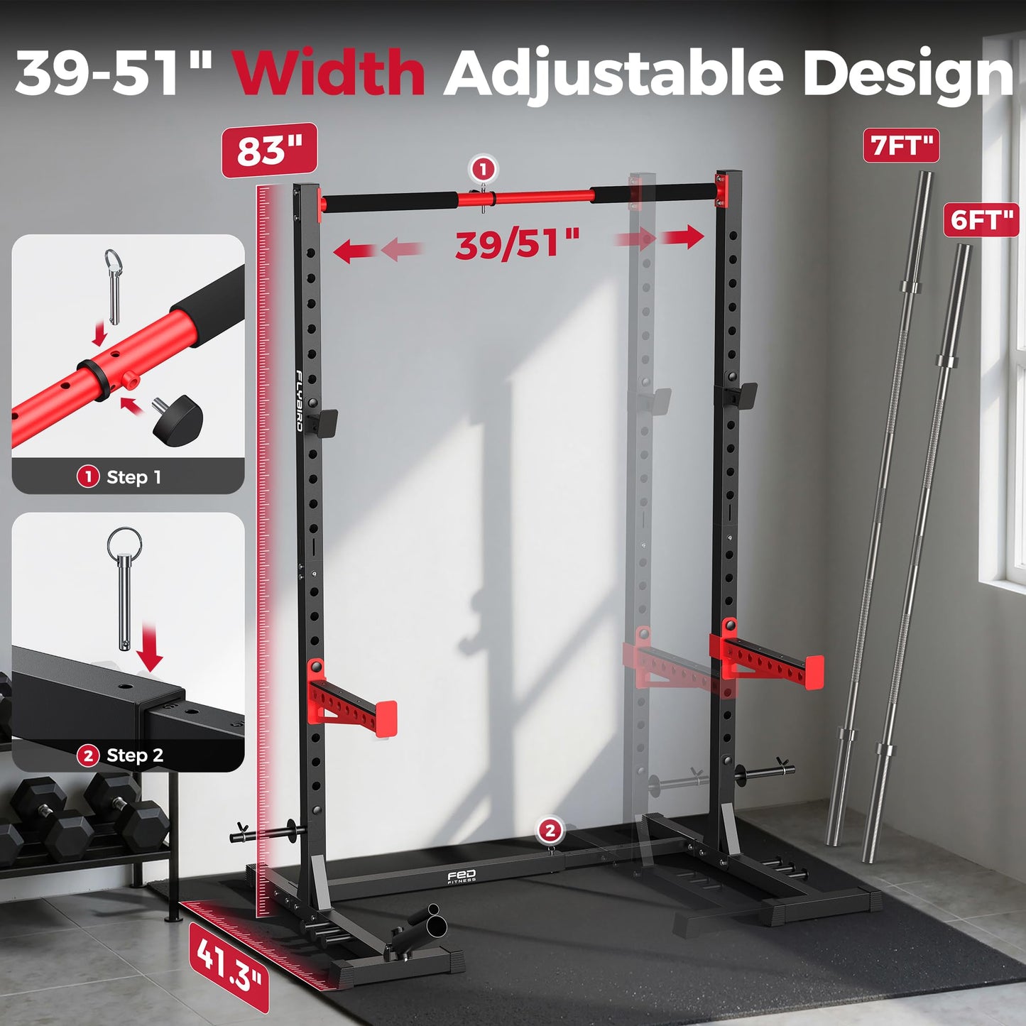 FLYBIRD SR1 Squat Rack with Pull-Up Bar, Multi-Functional Power Rack for Home Gym, 22 Safety Position Height & Adjustable Width for 6/7ft Barbells, Includes Extended J-Hooks & Landmine Attachment