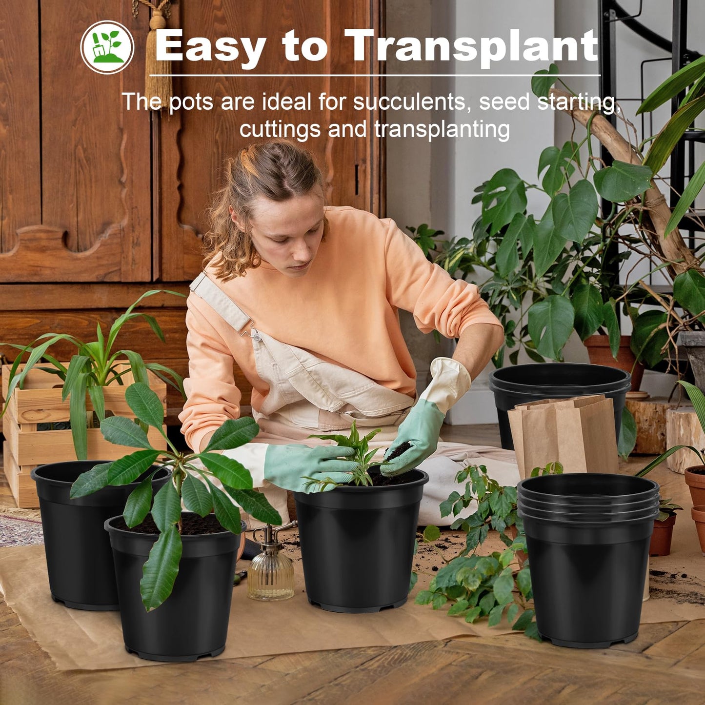 DUNPUTE 10 Pack1 Gallon Pots for Plants, 1 Gallon Plastic Nursery Pot with Drainage Holes, Sturdy Plastic Plant Pots for Nursery Garden, Flowers, Succulent Outdoor Indoor (Black, 1 Gal- 10 Pack)