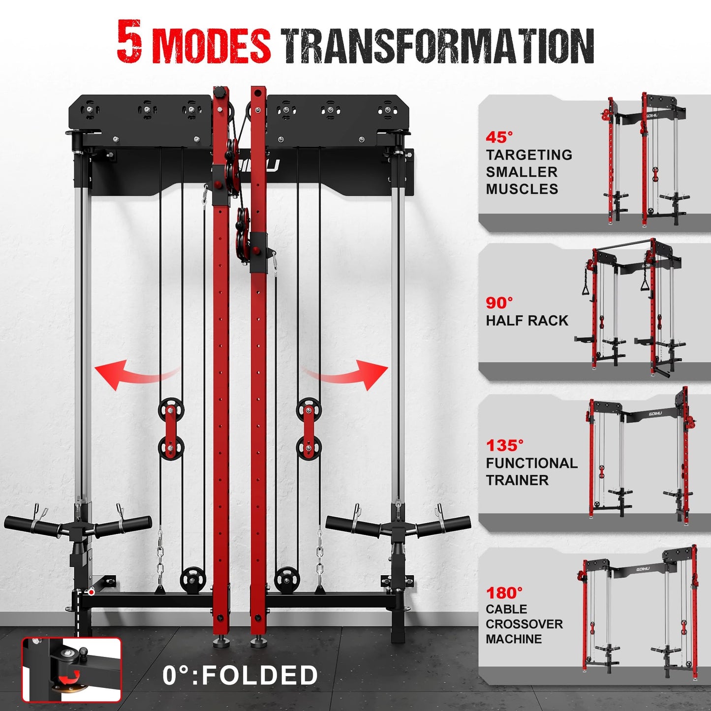 Goimu WM3-V4 Folding Squat Rack, Wall Mounted Power Rack with Dual Independent Pulley System, Functional Trainer with 5 Adjustable Function Modes for Space Saving (340LBS Home Gym Package Red)
