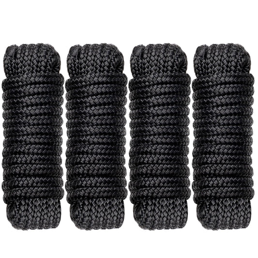 Boat Dock Lines Marine Rope - 3/8" x 15ft with Pre-Spliced 12" Loop Double Braided Nylon Ropes Bumper Tie Mooring Line for Boats Docking Pontoon Boating Accessories - 4 Pack