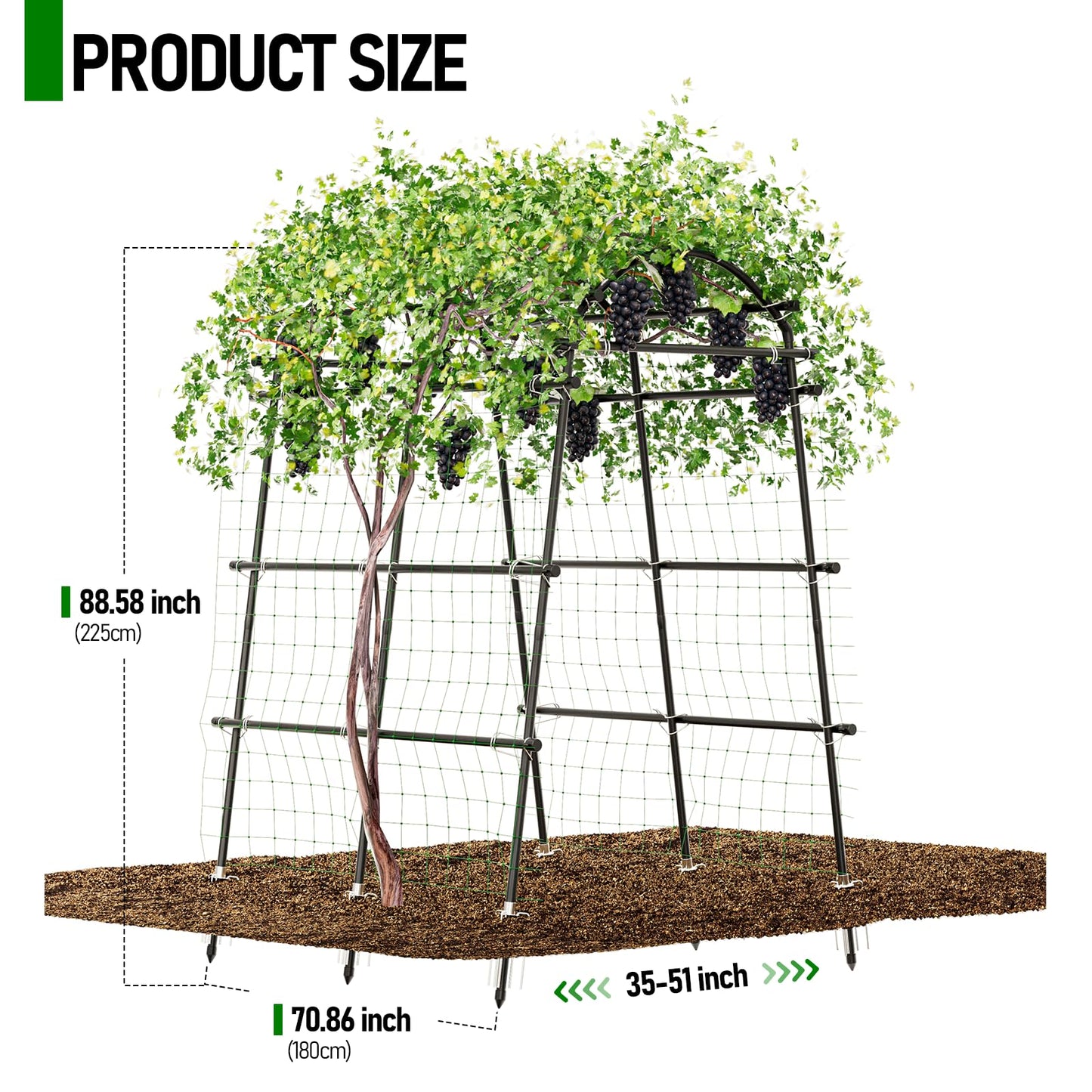 SPECILITE Garden Arch Trellis 88.58" Extra Tall for Climbing Plants Outdoor, Steel Stainless Arched Arbors Tunnel Trellis with Netting, Metal Cable Ties for Cucumber Tomato Pea Vines Fruit
