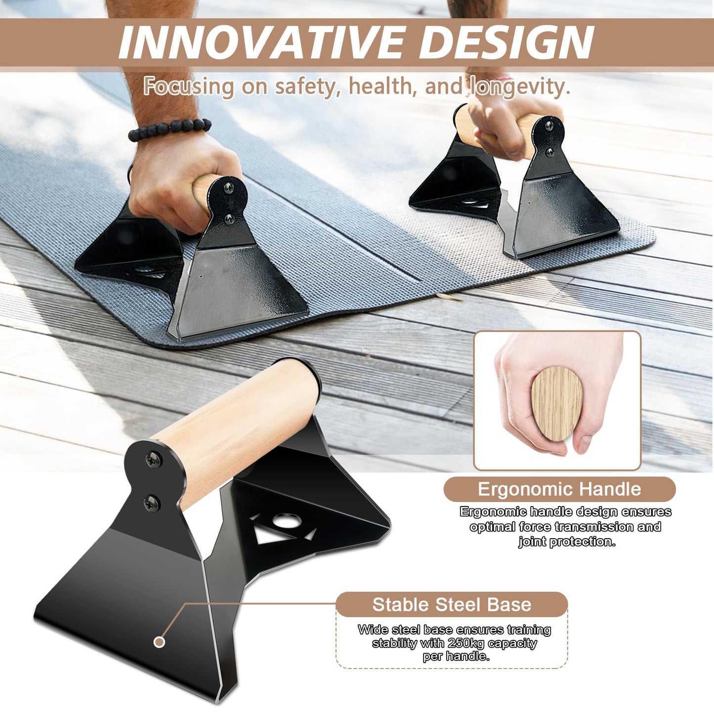 Rolitwils Parallettes Push Up Handles - Heavy Duty Steel Frame with Ergonomic Beech Wood Grips, Calisthenics Equipment for Strength Training, Anti-Slip Push Up Bars for Home Gym (250kg Capacity)