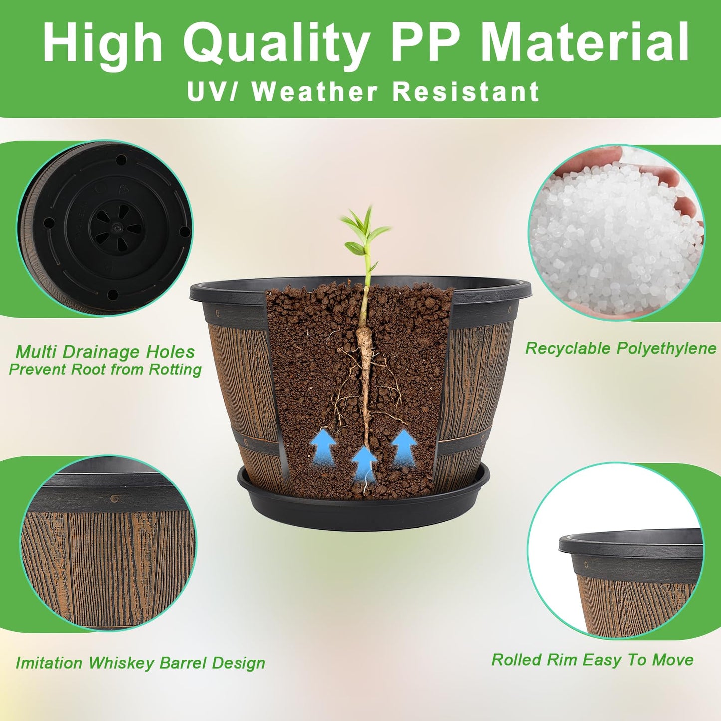 16-inch-Plant-Pots-Indoor-Outdoor, 4 Pack Large Whiskey Barrel Planters with Drainage Holes & Saucer, Plastic Flower Pots Imitation Wine Barrel Design, Decorative Garden Pots for Plants