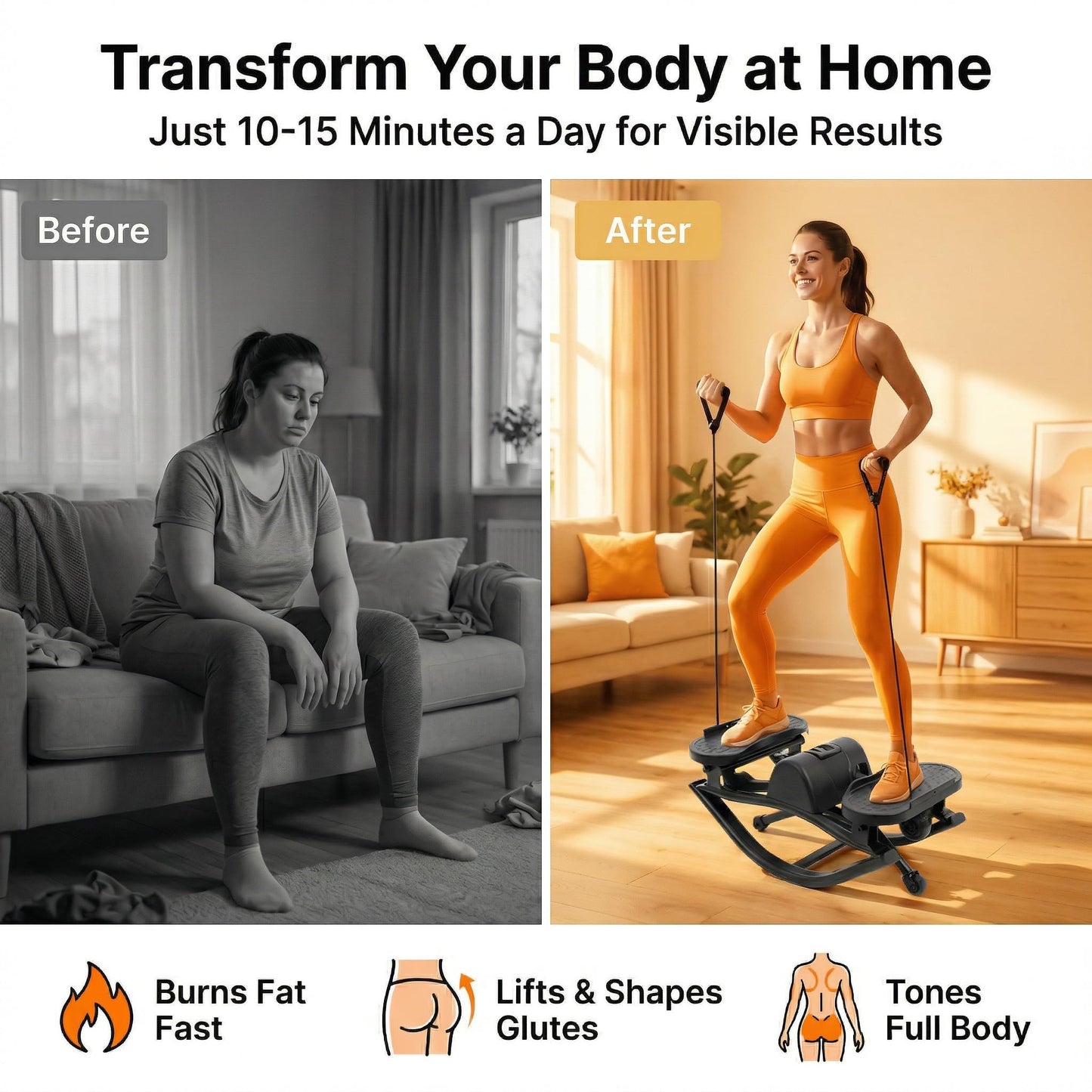 LAMOR Rock Stepper, Side to Side Lateral Rocking Fitness Stepper for Home & Office Workout, Compact Mini Step Machine with Resistance Bands & Anti-Slip Mat, 250 LBS Capacity (Black)