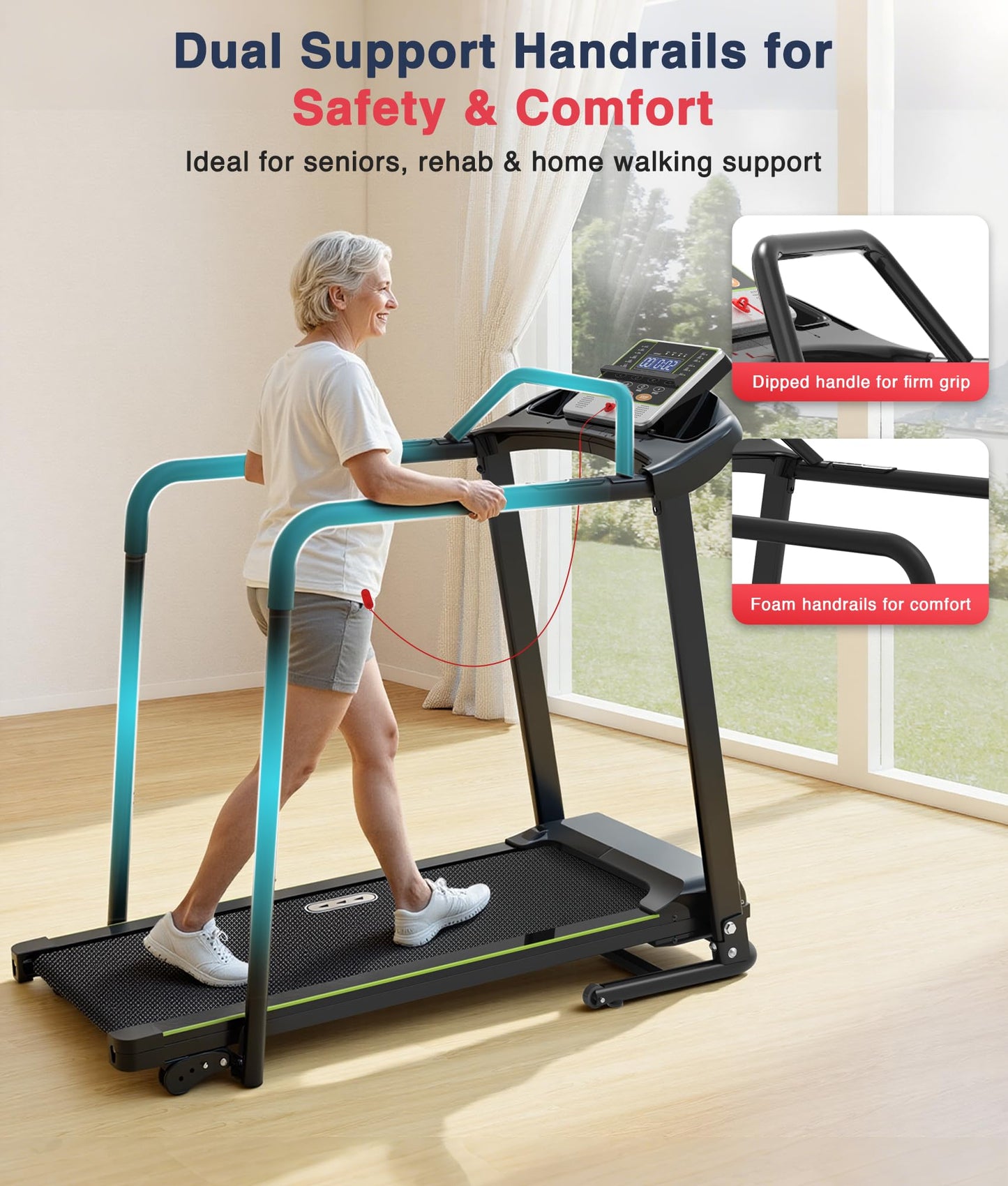 Redliro Treadmill for Seniors Slow Walking - 0.3mph Start, Front & Long Handrails - Foldable Recovery Flat Treadmill for Elderly, Auto Lubrication, 3-Level Incline for Home Use
