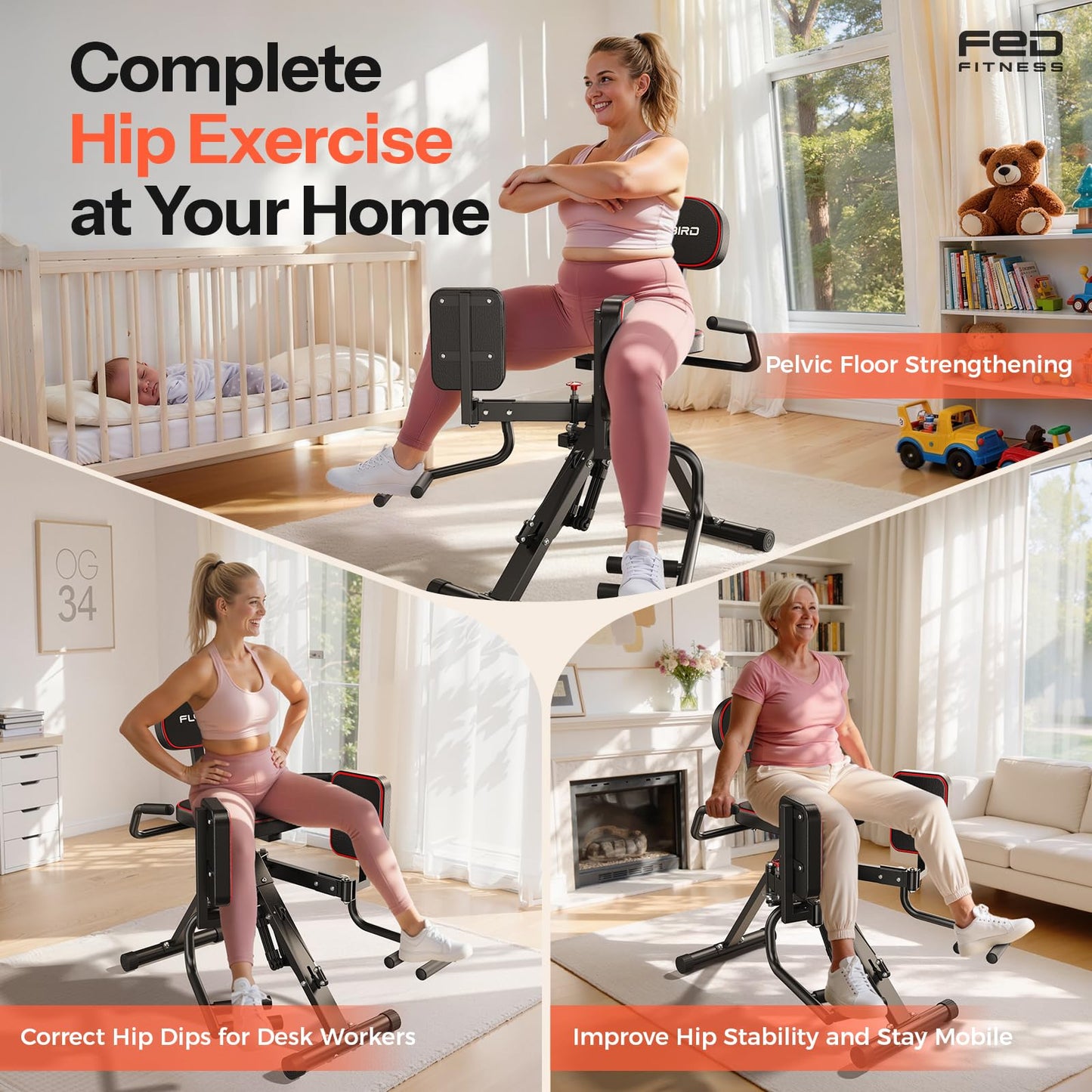 FED Fitness HA1 2-in-1 Hip Abductor and Adductor, Glute & Inner Thigh Workout Equipment for Home Gym, Leg Workout and Booty Builder with 6 Adjustable Resistance Bands and Dual Foot Bar