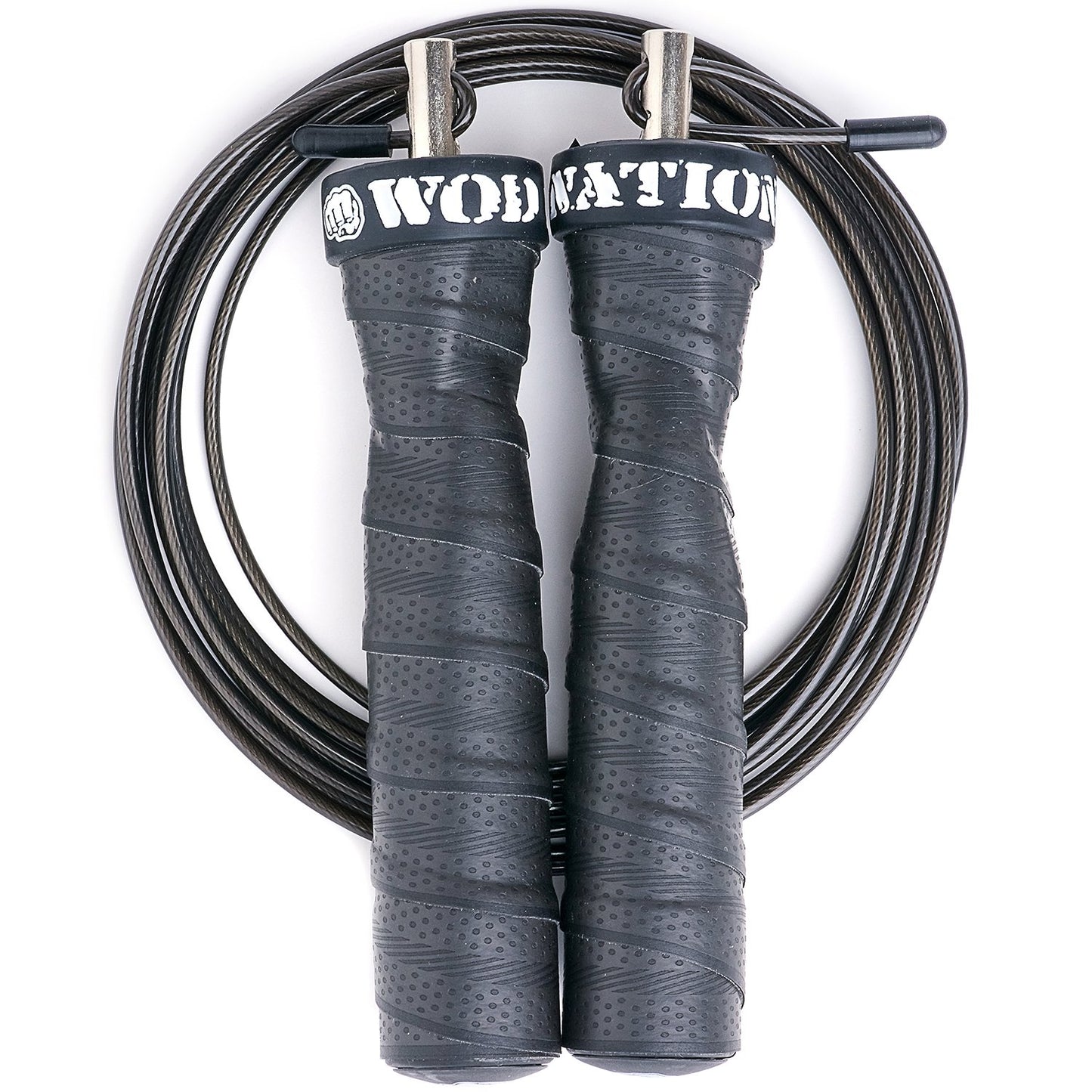 WOD Nation Jump Rope - Black Alloy Steel Handles - 11 ft, 2.2 mm & 3.3 mm Cables - Weighted & Speed Cable System for Fitness Skipping Rope Men & Women