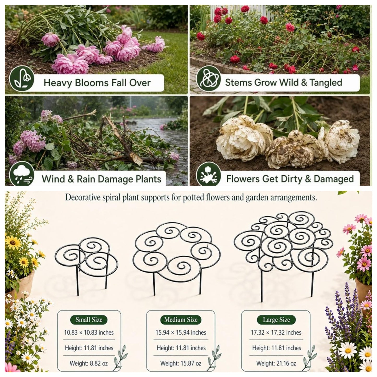 Peony Cages and Supports–Heavy Duty Metal Plant Support Ring for Garden, Grow Through Plant Support Stakes for Roses Hydrangeas, Outdoor Flower Cage with Weather-Resistant Iron Frame (1 pcs Small)