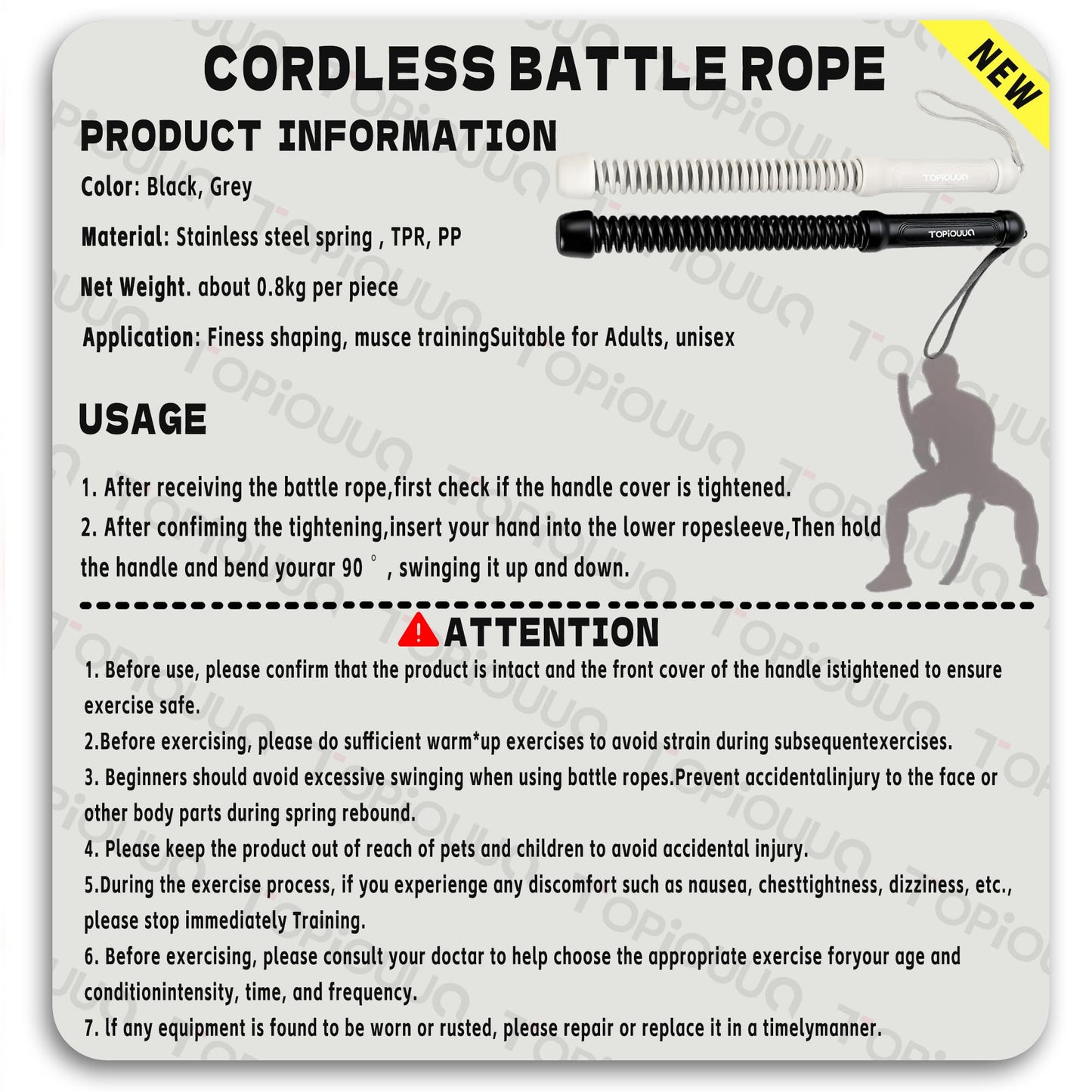 TOPIOUUA Ropeless Battle Rope - HIIT Weight Training, Multi-functional Home and Travel Exercise Equipment, Unisex Exercise Training Battle Rope Fitness Equipment with Anti-slip Tape（Gray）