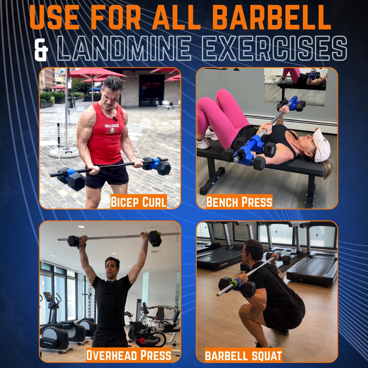 Blue DUALBELL Superset for 1” bar and blue weight collars- Home gym dumbbell to barbell adapters - Connect Dumbbells to 1” standard diameter bar to replace weight plates, 500lb max capacity