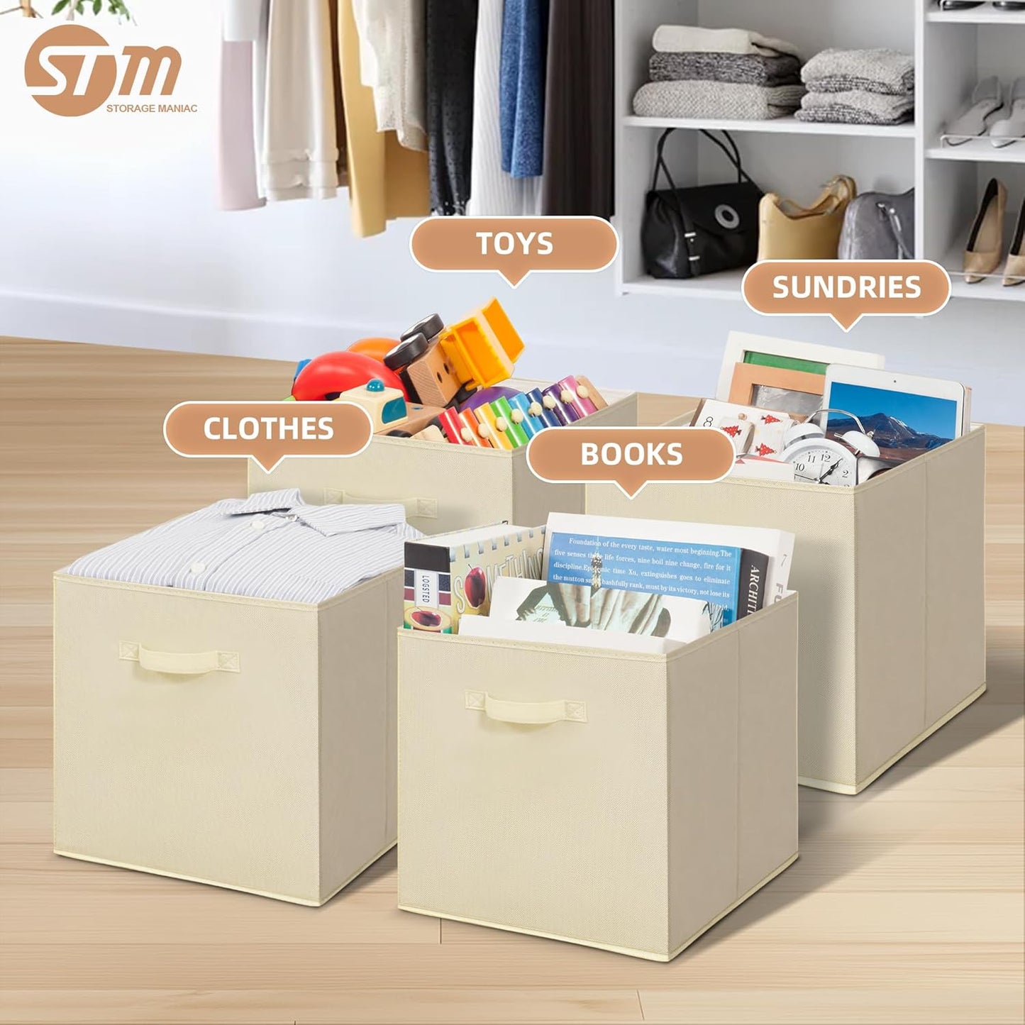 Storage Maniac Storage Cubes - 13-Inch Collapsible Fabric Bins with Handles | 8-Pack Beige for Easy Organization