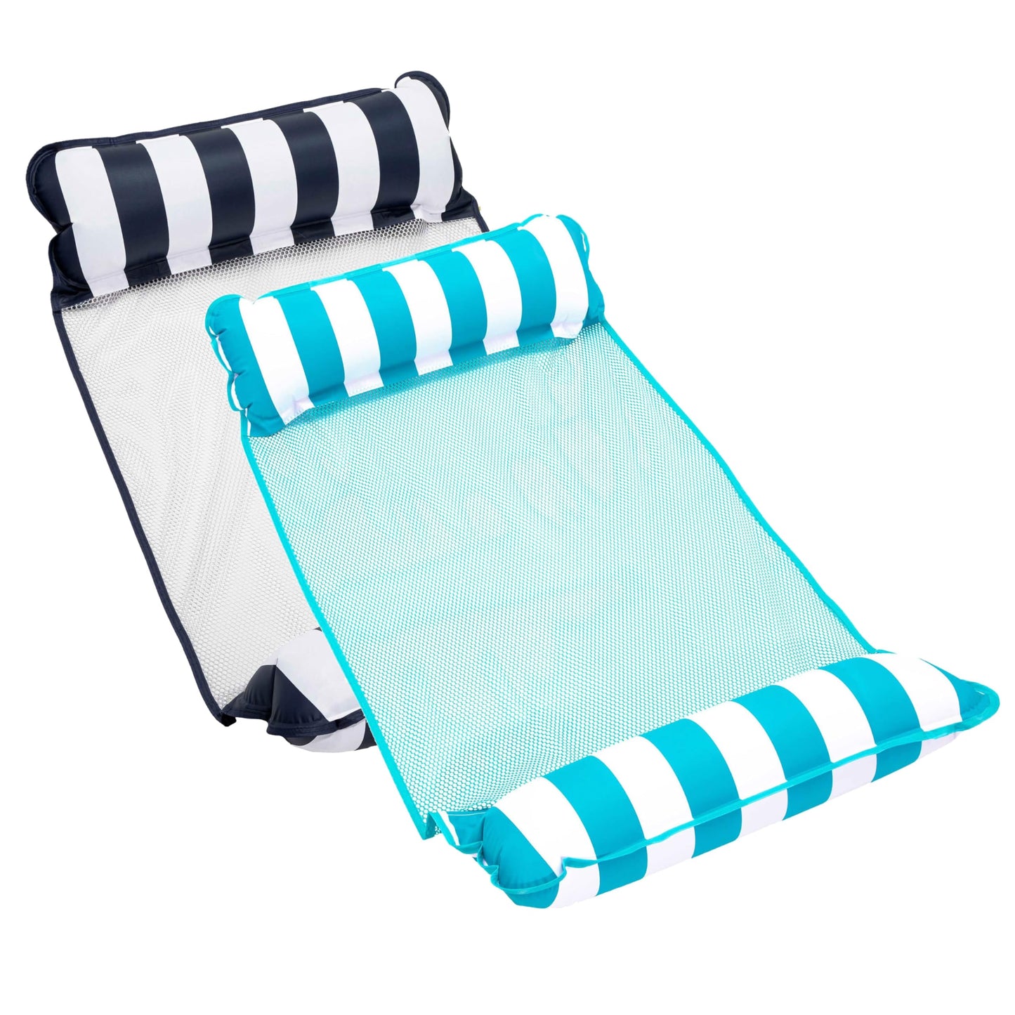 Aqua 4-in-1 Monterey Hammock Pool Float & Water Hammock, Multi-Purpose, Inflatable Pool Floats for Adults, Patented Thick, Non-Stick PVC Material, One Light Blue & One Navy/White Stripe, 2-Pack