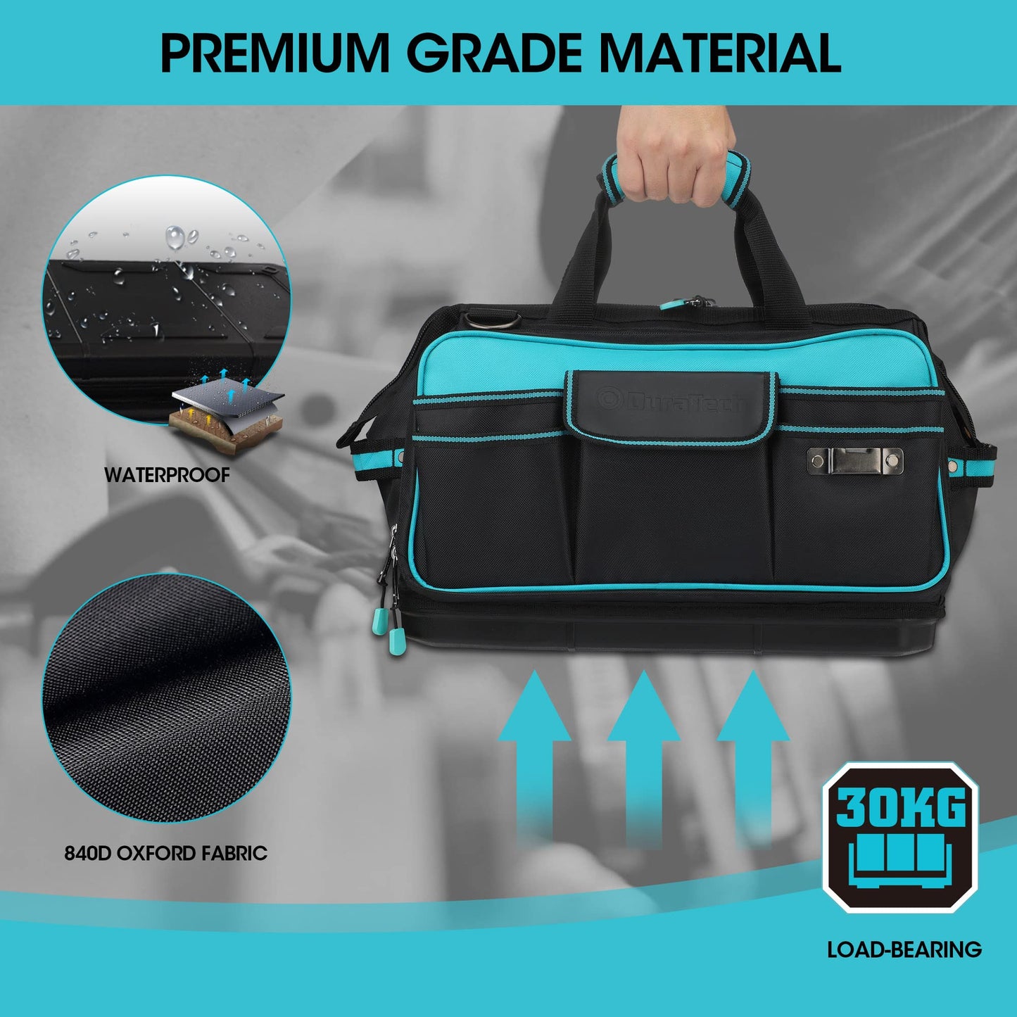 DURATECH 17" Wide Mouth Tool Bag, Large Storage 32 Pocket Tool Bag Organizer with Water Proof Molded Base, Adjustable Strap, Clip Design, 840D Oxford Fabric