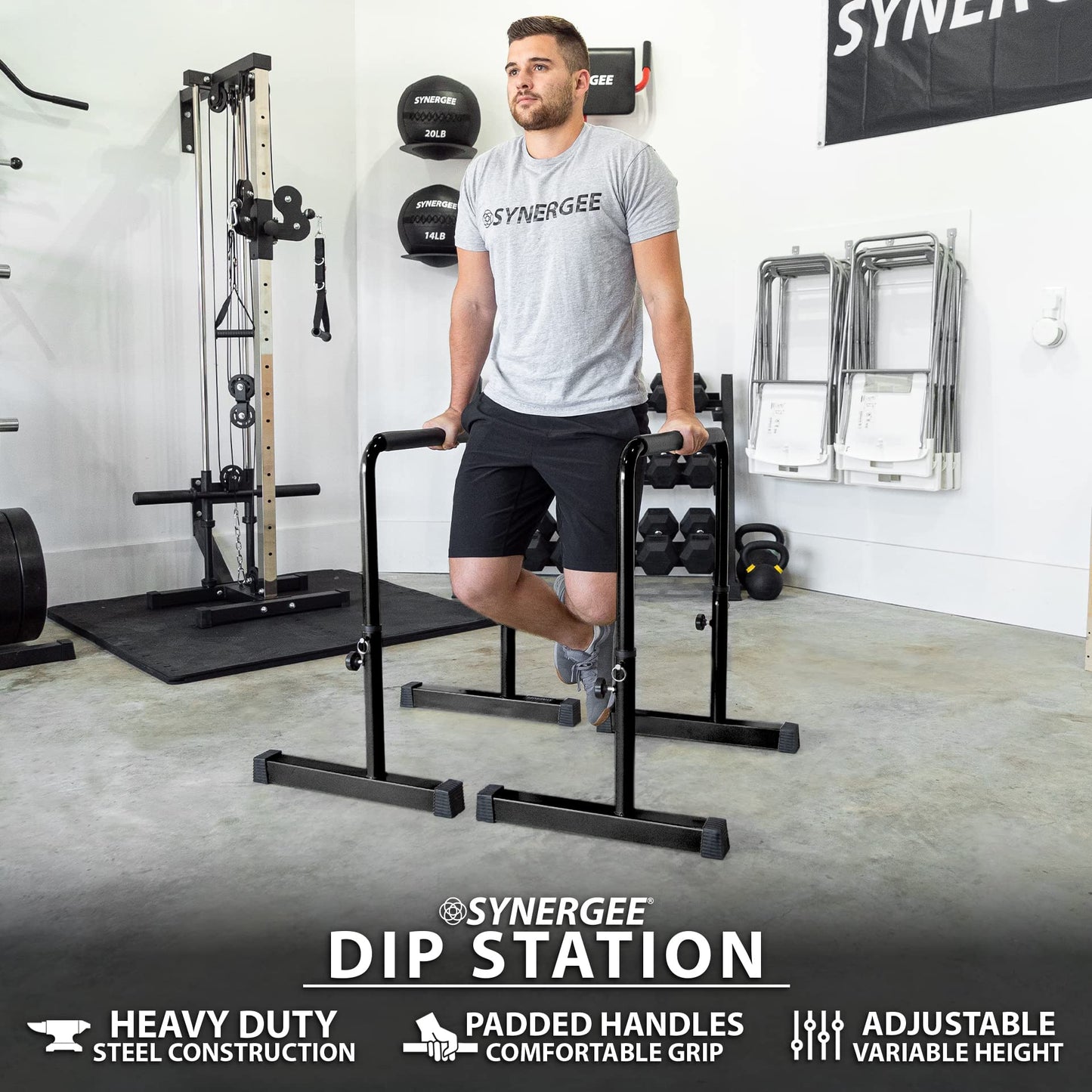 Synergee Dip Bar Black. Adjustable Dip Station from 30” – 39” for Dips, Inverted Pull Ups. Max capacity 400 lbs. Portable Dip Stand for Total Body Workout.