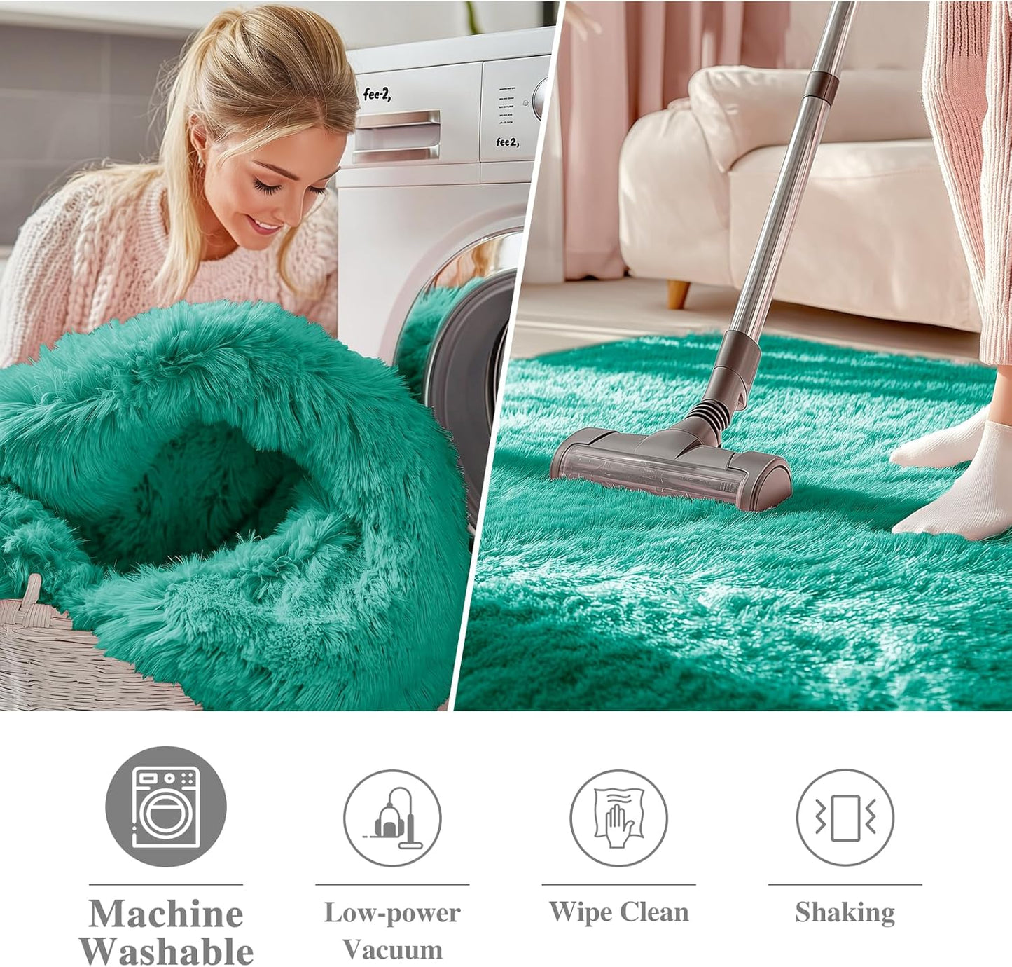 OLANLY Teal Green Round Rug - Soft, Fluffy Shaggy Carpet for Bedroom & Living Room, 4 ft Circle